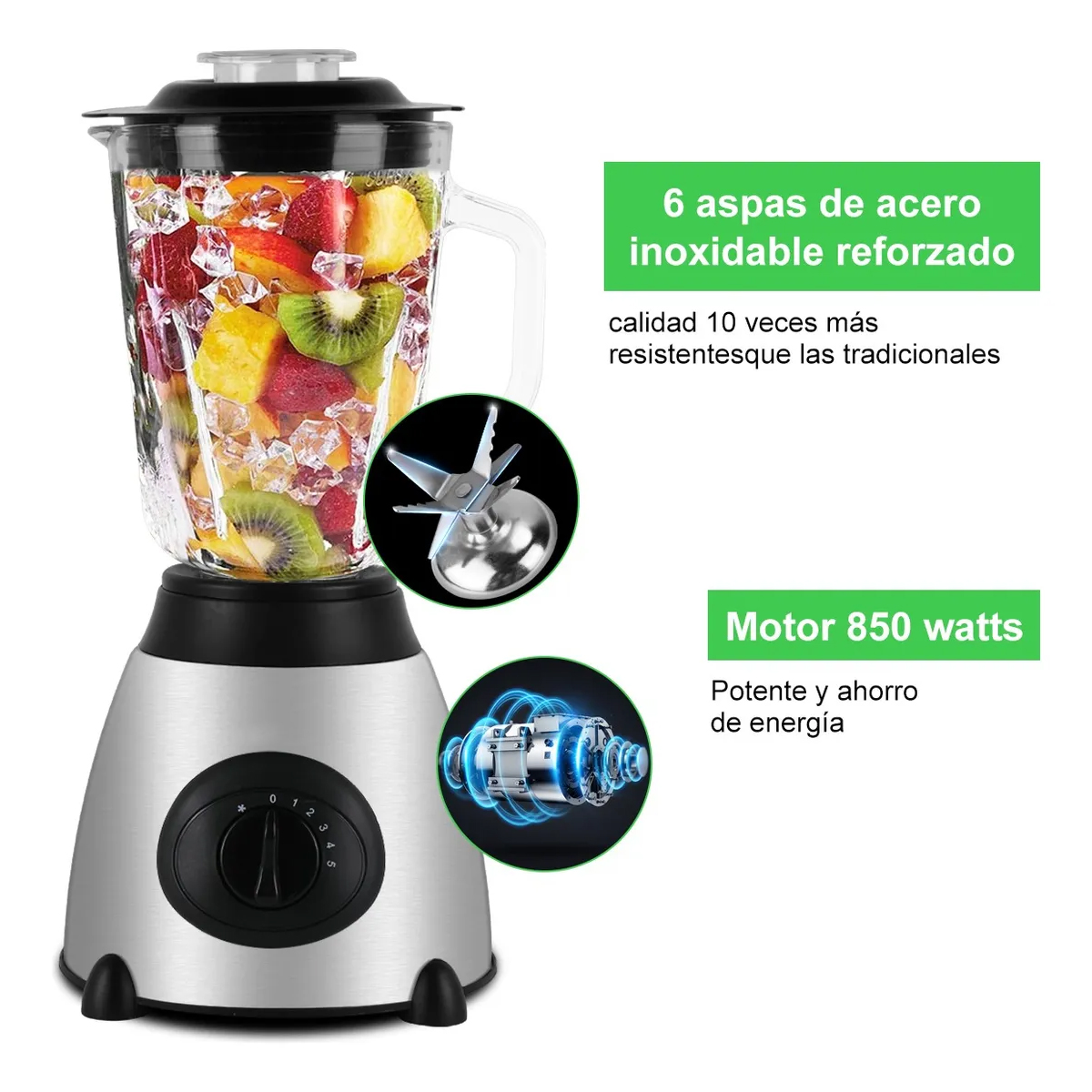 Foto 6 pulgar | Licuadora Profesional 850w Con Vaso De Vidrio 1.5l + Vaso Molinillo 150ml  6 Cuchillas Inox  5 Velocidades  Acero In