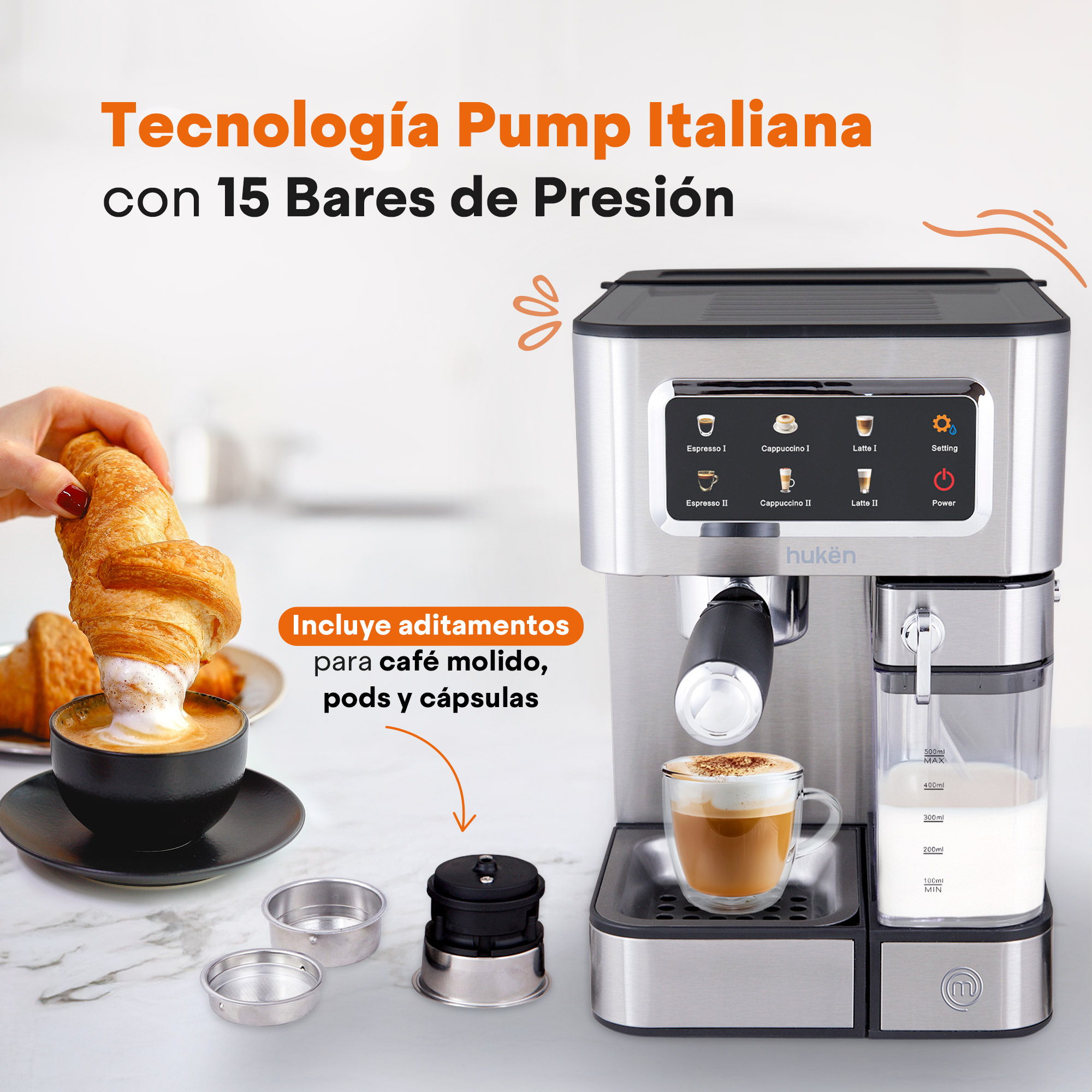 Foto 4 pulgar | Máquina Automática Barista+ Masterchef By Hukën Mk-ecm-mt Acero 15 Bares
