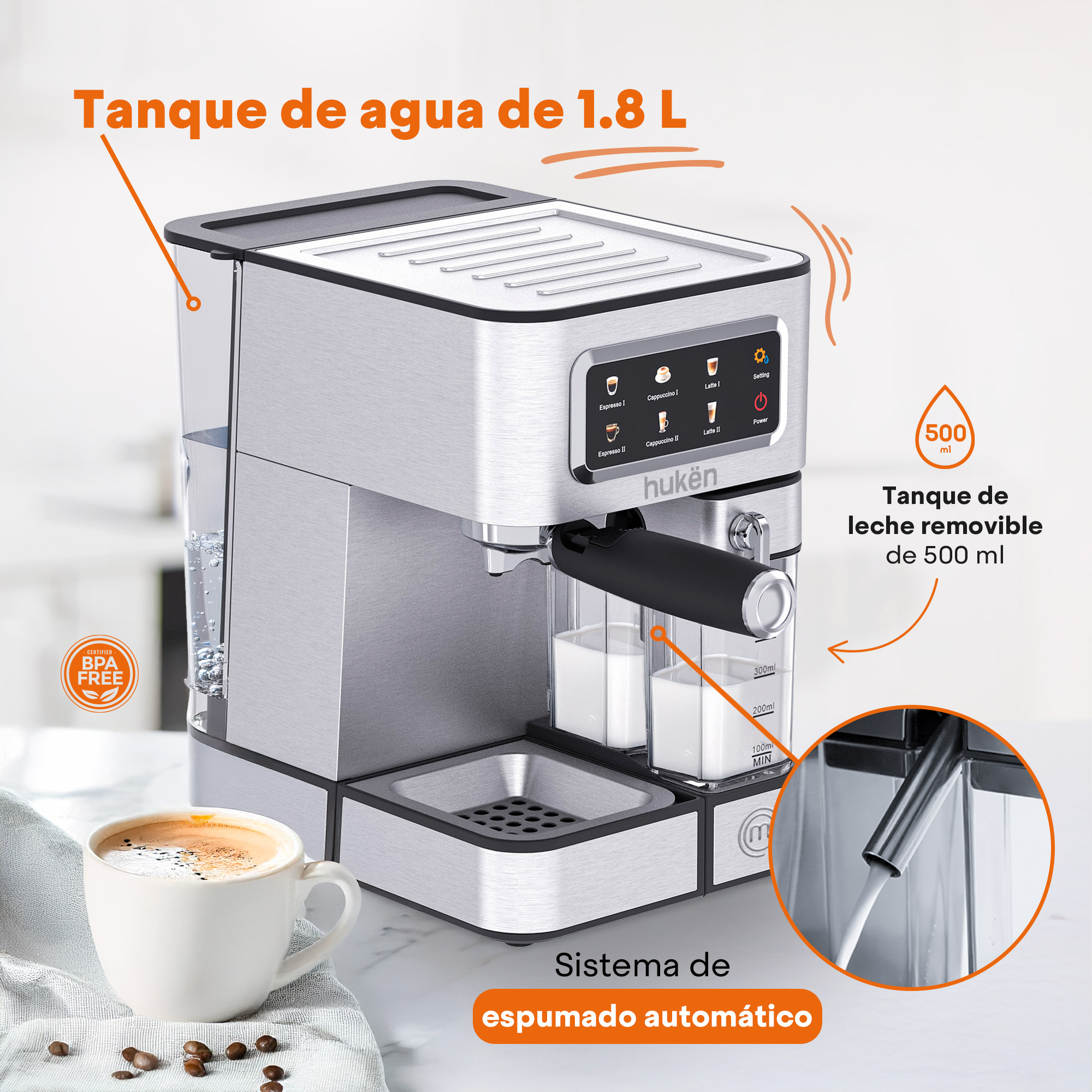 Foto 5 pulgar | Máquina Automática Barista+ Masterchef By Hukën Mk-ecm-mt Acero 15 Bares