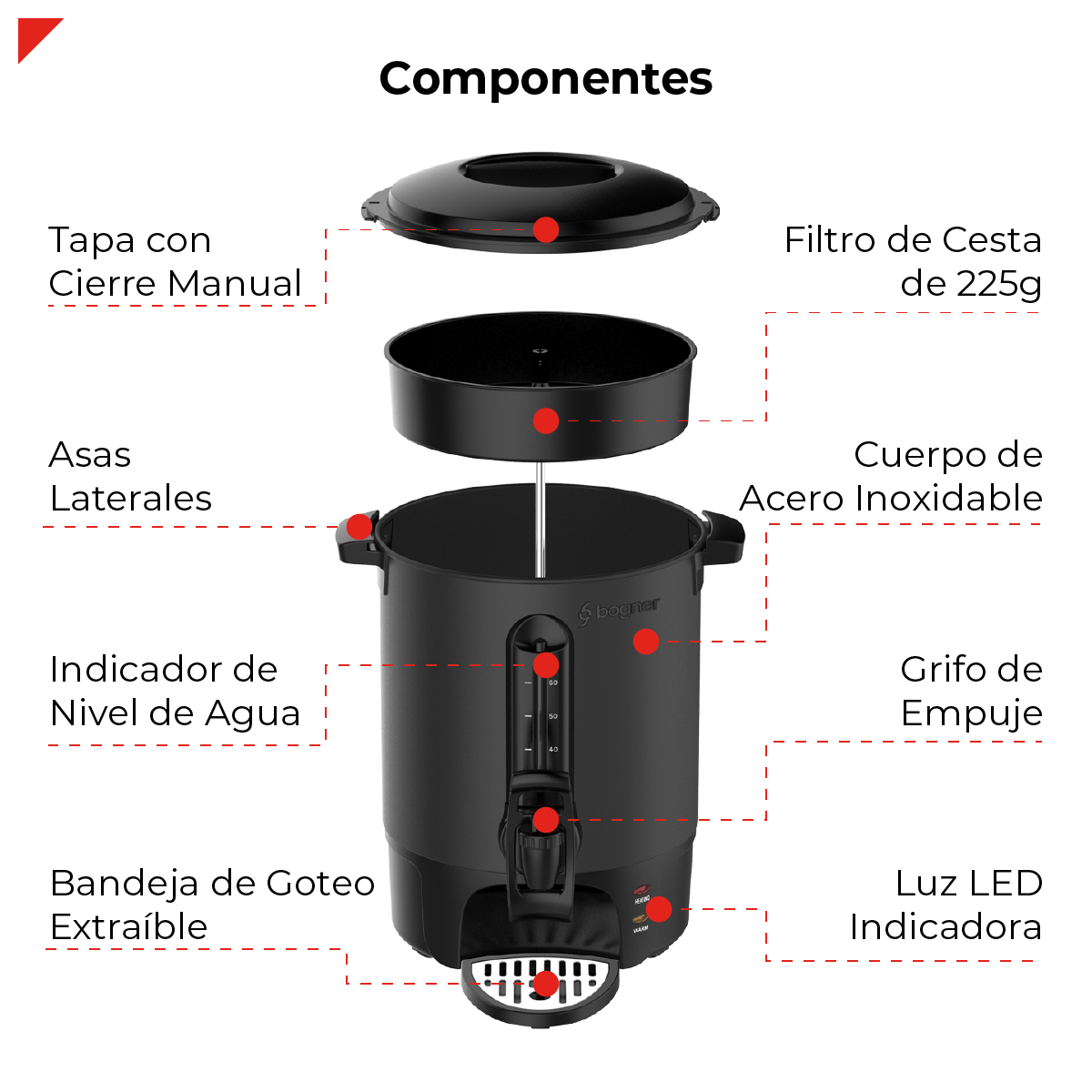 Foto 9 pulgar | Cafetera Percoladora Bogner de Acero Inoxidable 60 Tazas 1500w Bcm10l