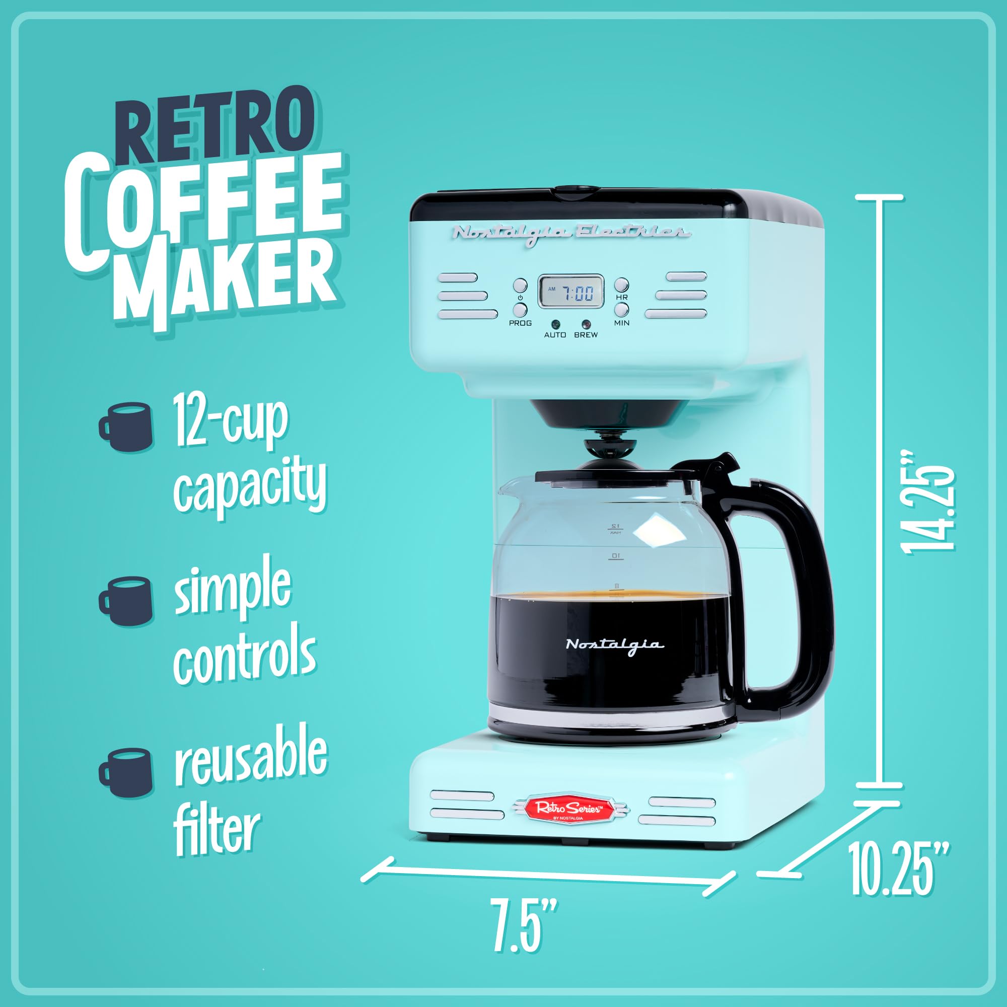 Foto 3 pulgar | Cafetera Nostalgia Retro 12 Tazas Led Programable Aqua - Venta Internacional