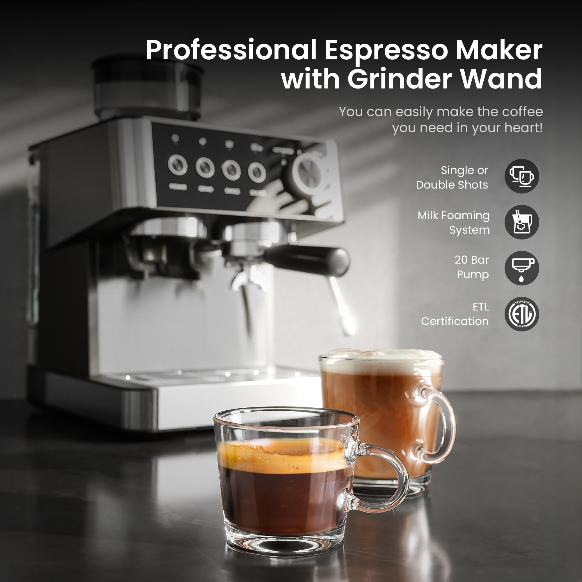 Foto 3 pulgar | Máquina De Café Espresso Kismile De 20 Bares Con Molinillo, Espumador De Leche, Color Negro - Venta Internacional.