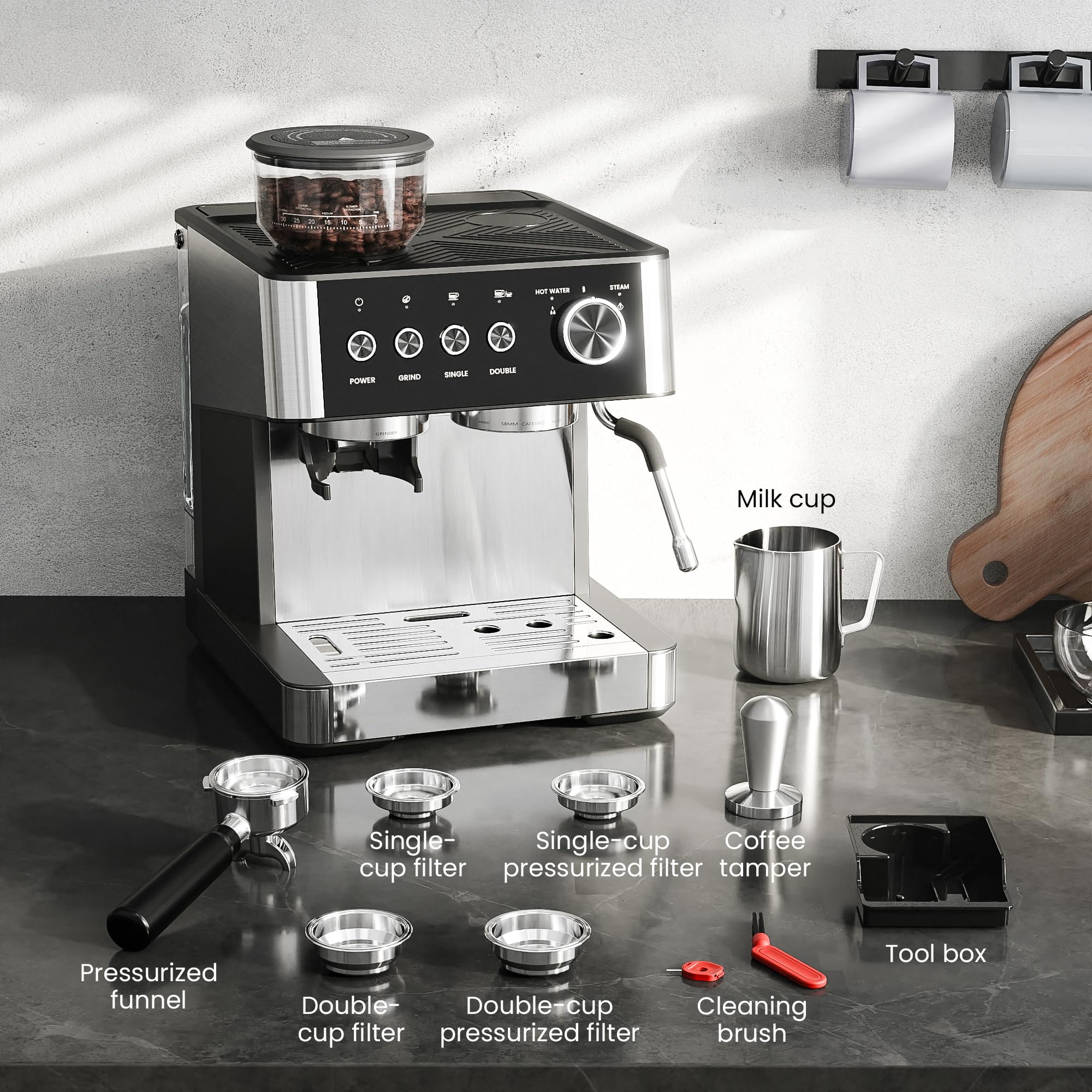 Foto 8 pulgar | Máquina De Café Espresso Kismile De 20 Bares Con Molinillo, Espumador De Leche, Color Negro - Venta Internacional.