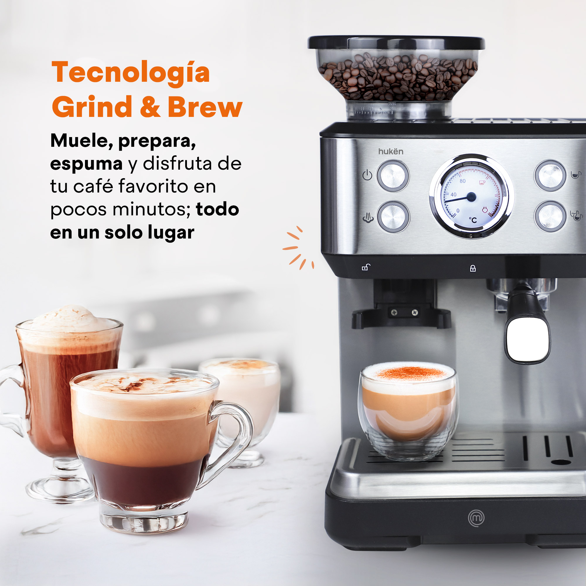 Foto 5 pulgar | Máquina De Espresso Con Molino Barista-pro Hukën X Masterchef Mk-ecm-gss Negro Con Espumador De Leche