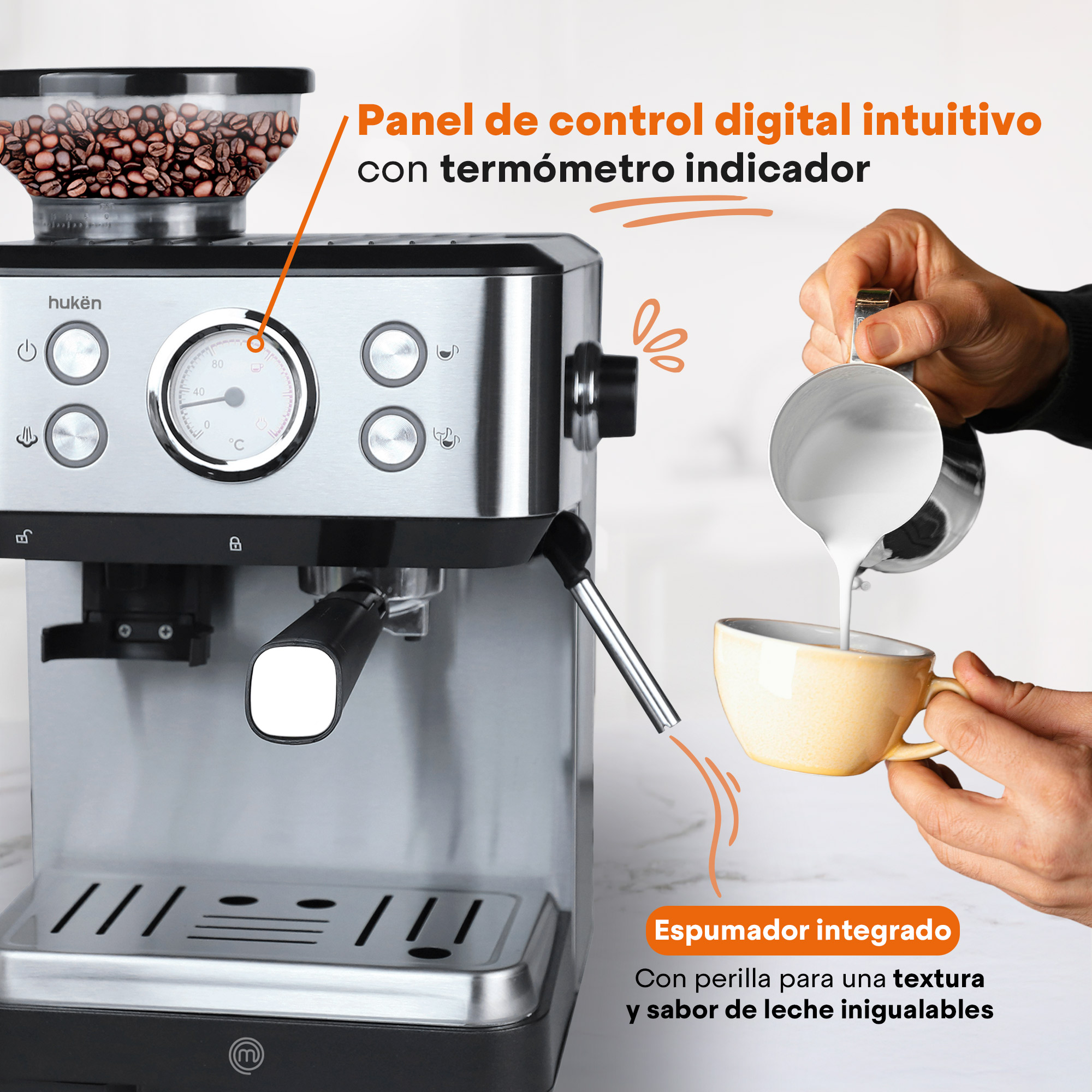 Foto 6 pulgar | Máquina De Espresso Con Molino Barista-pro Hukën X Masterchef Mk-ecm-gss Negro Con Espumador De Leche