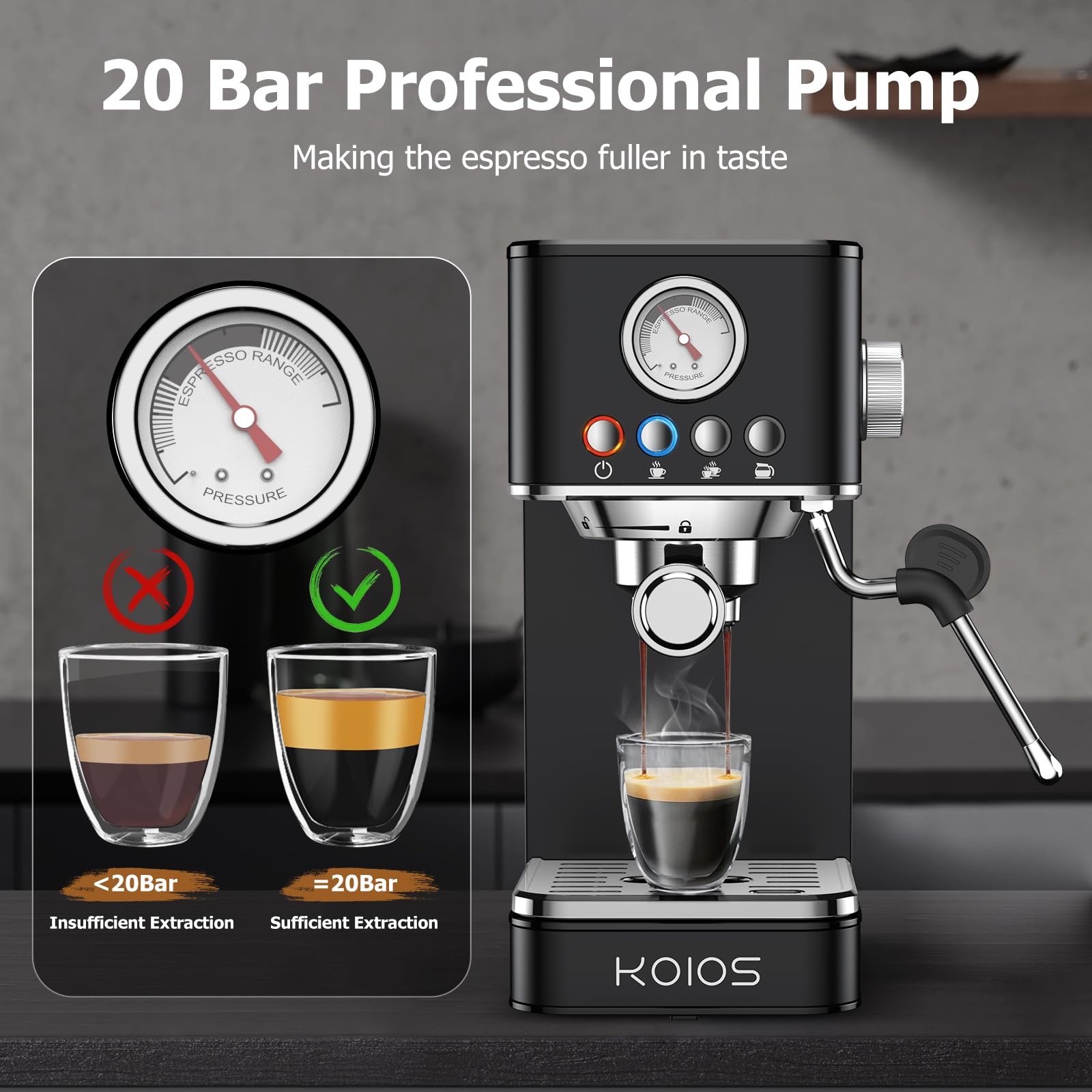 Foto 3 pulgar | Máquina De Café Espresso Koios 20 Bar Con Espumador De Leche Negra - Venta Internacional.