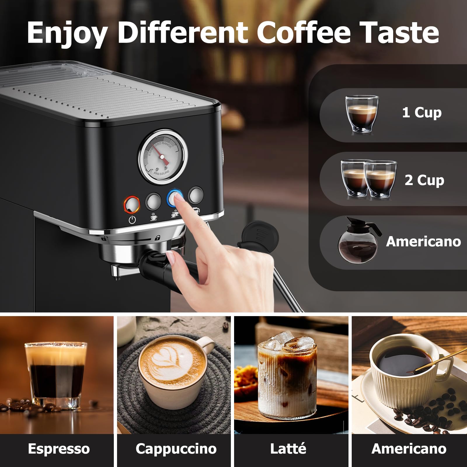 Foto 6 | Máquina De Café Espresso Koios 20 Bar Con Espumador De Leche Negra - Venta Internacional.