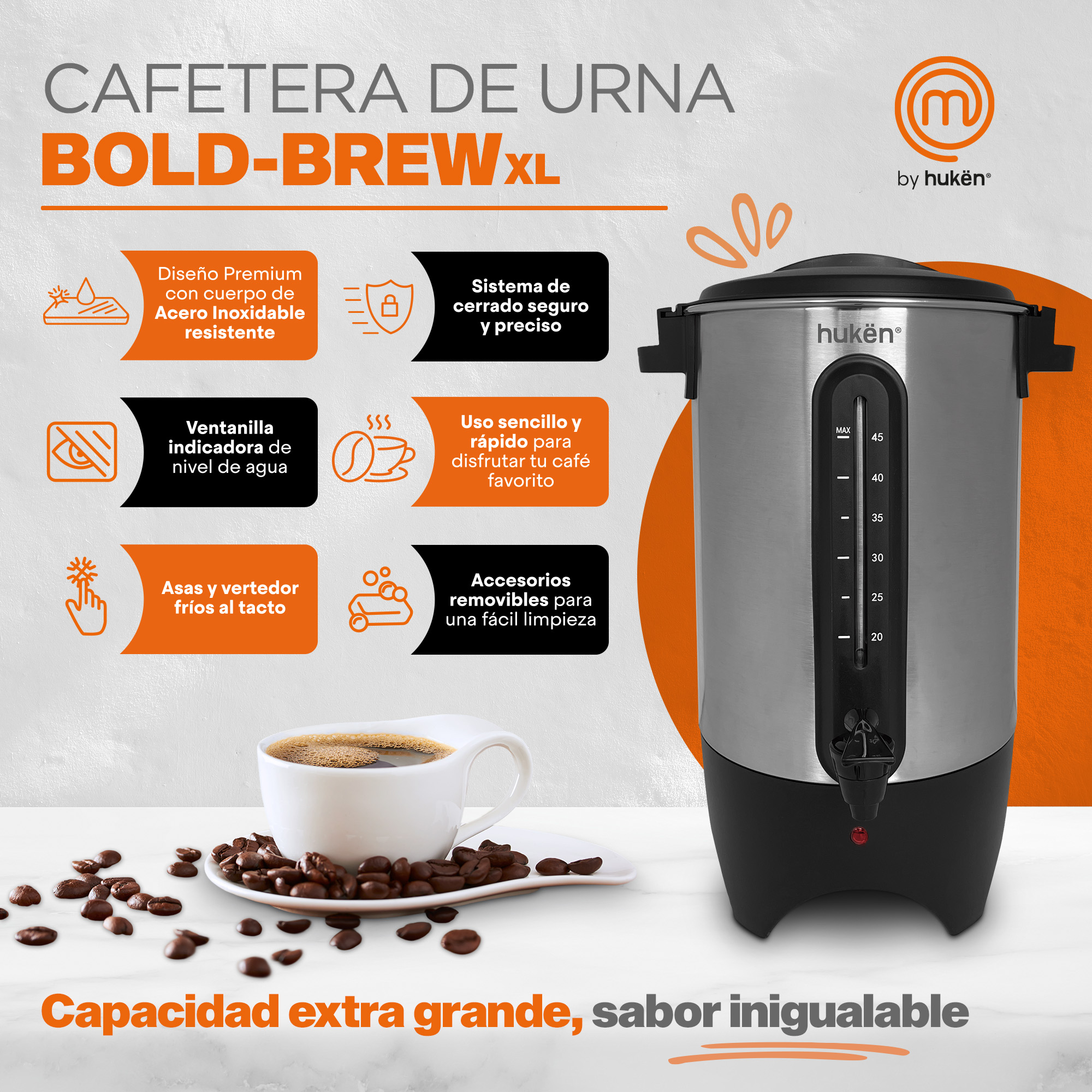 Foto 4 | Cafetera de Urna MasterChef MK-UCM-45 color Plata Percoladora 45 Tazas