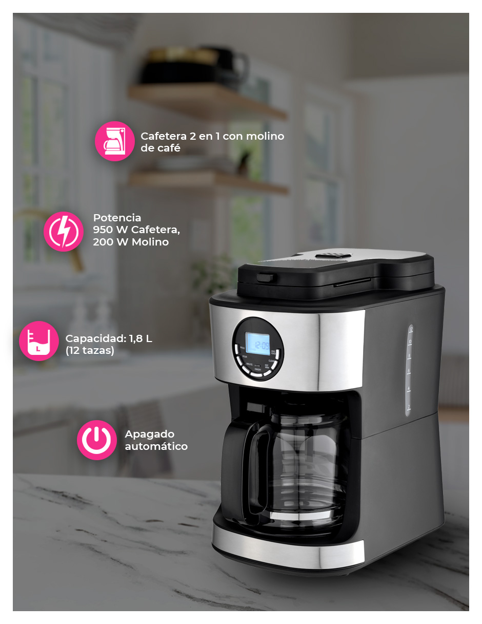 Foto 4 pulgar | Cafetera Digital 12 Tz Con Molino De Café Integrado Pink Garlic Cdmc12t
