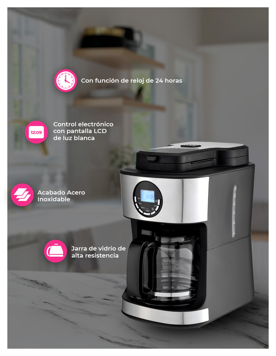 Foto 5 pulgar | Cafetera Digital 12 Tz Con Molino De Café Integrado Pink Garlic Cdmc12t