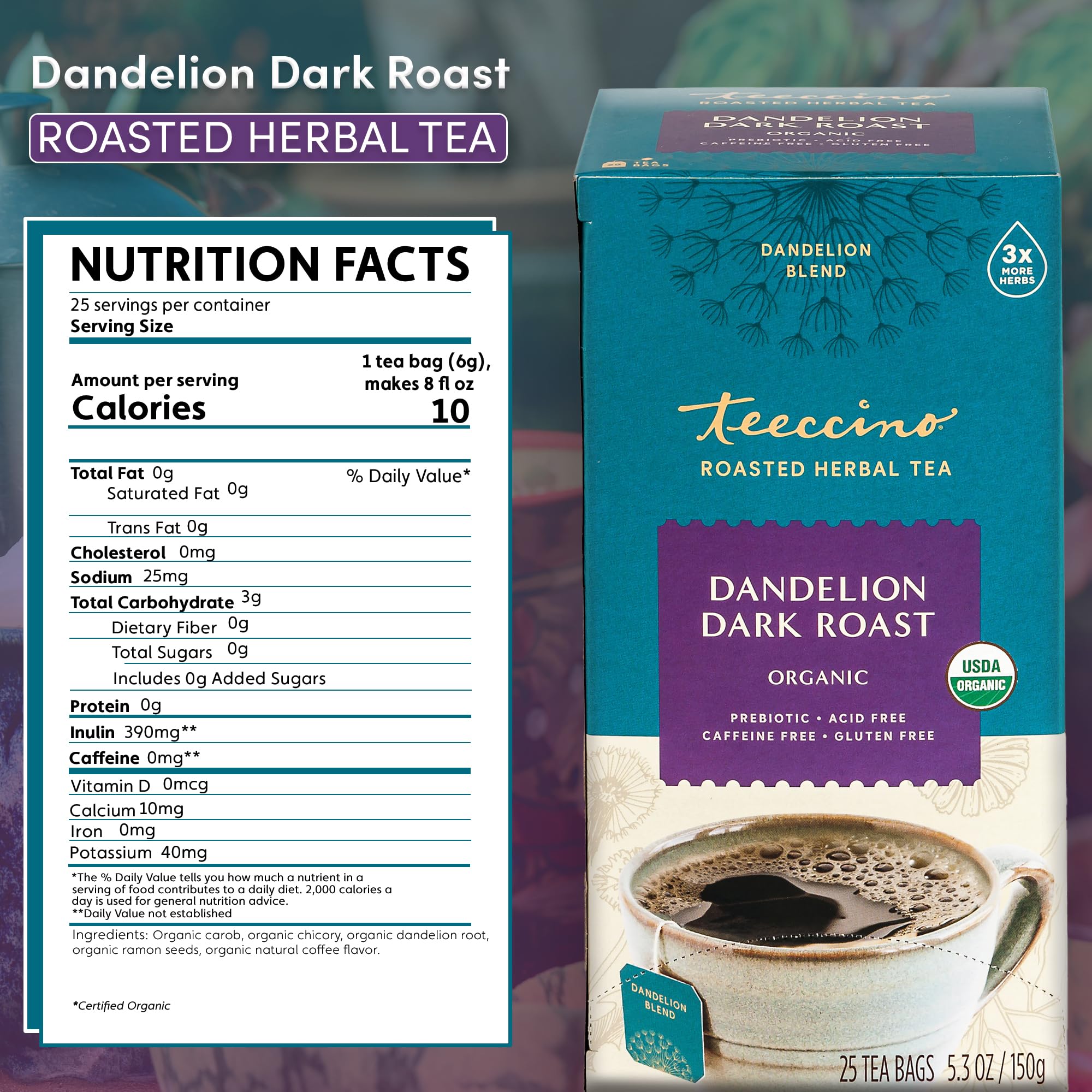 Foto 3 pulgar | Té De Hierbas Teeccino Dandelion Dark Roast  25 Bolsitas De Té - Venta Internacional.
