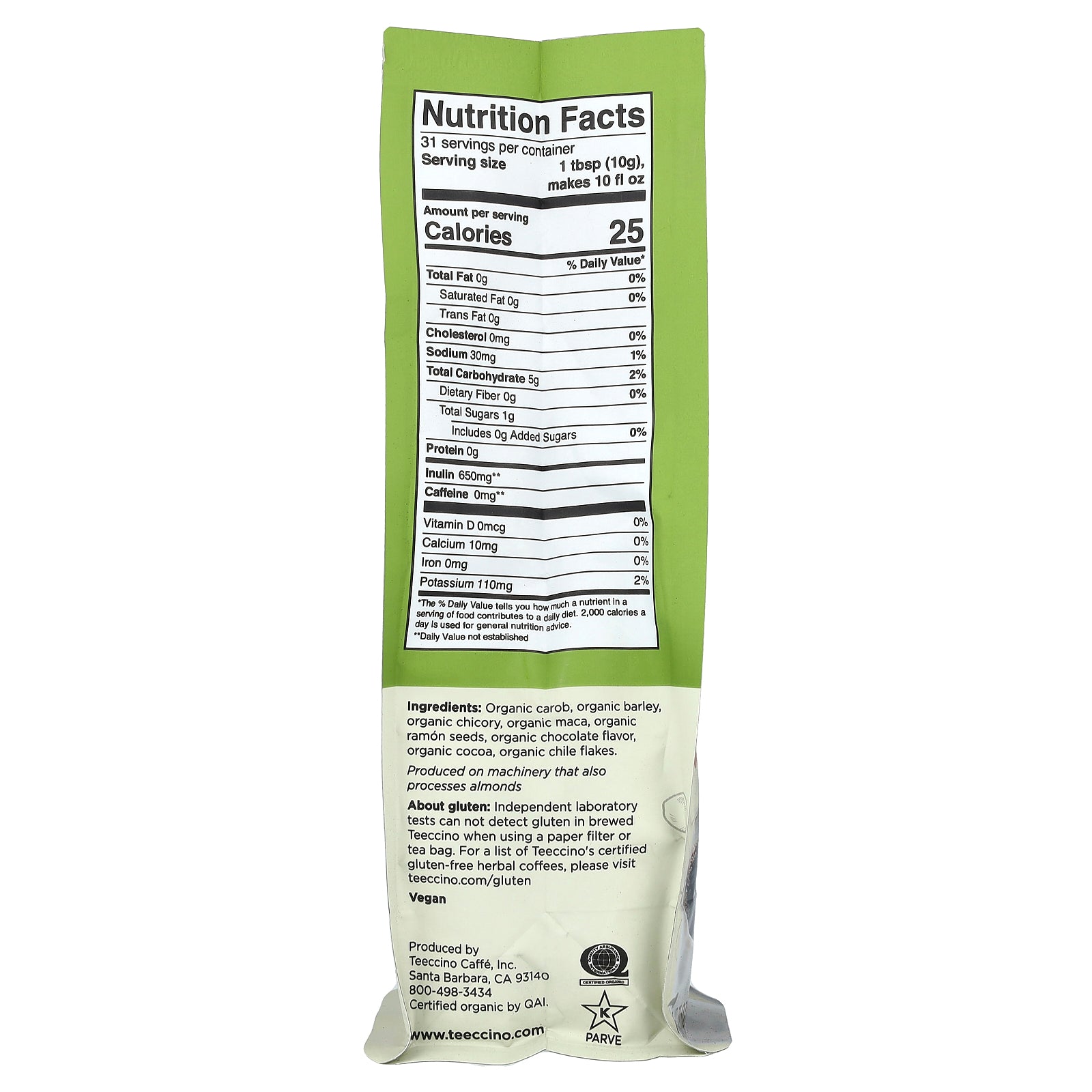 Foto 3 pulgar | Herbal Coffee Teeccino Organic Achicoria Maca Chocolate 312g - Venta Internacional.