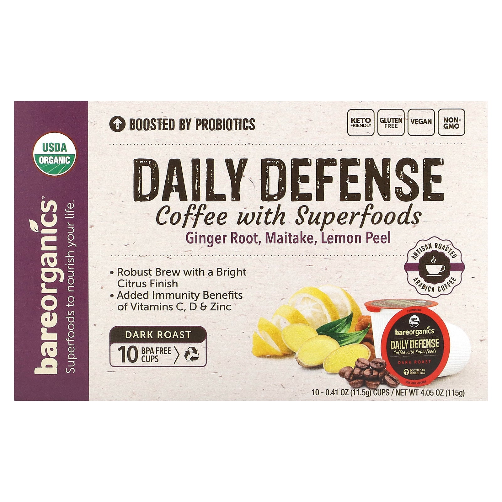 Café Bareorganics Daily Defense Dark Roast  10 Tazas  325 Ml - Venta Internacional.
