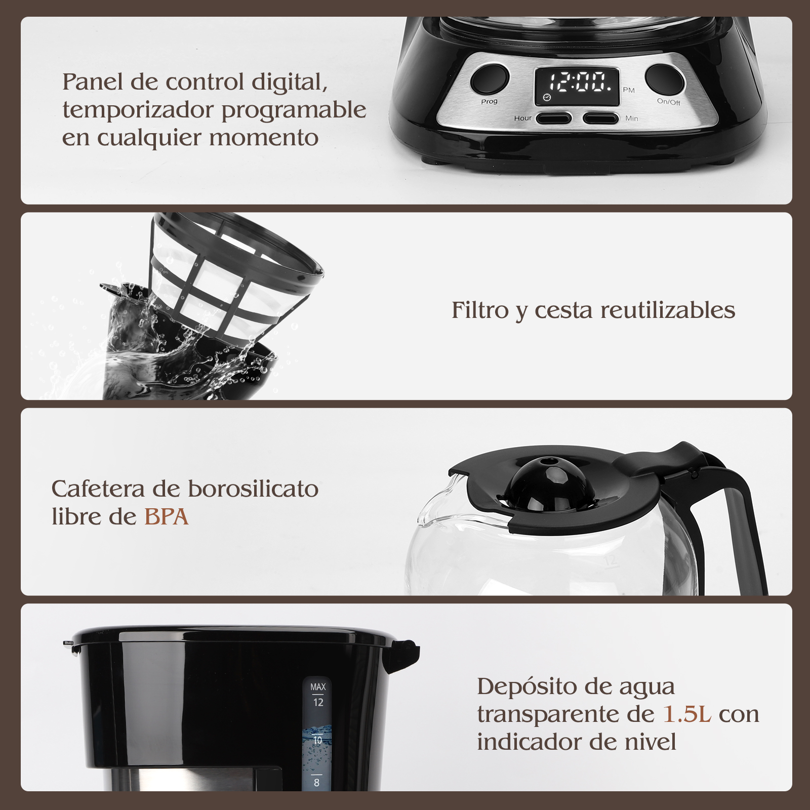 Foto 4 | Cafetera Eléctrica Programable De 12tazas 1.5l 900w Aigostar