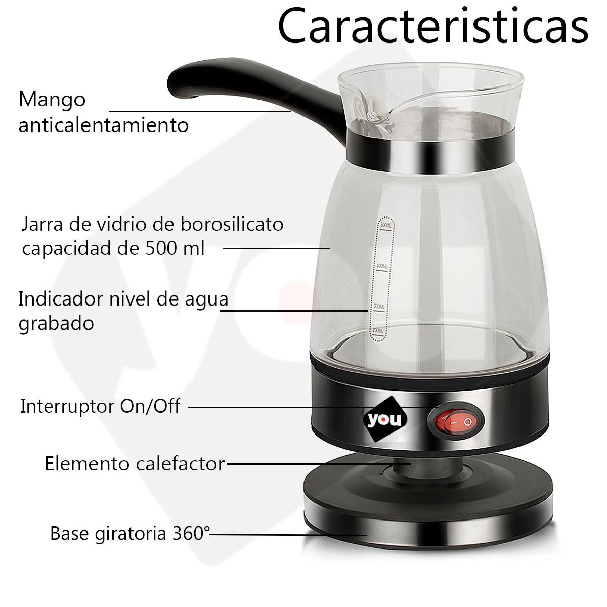 Foto 7 pulgar | Cafetera Tetera Eléctrica para Café Turco Vidrio 500ml You Negro