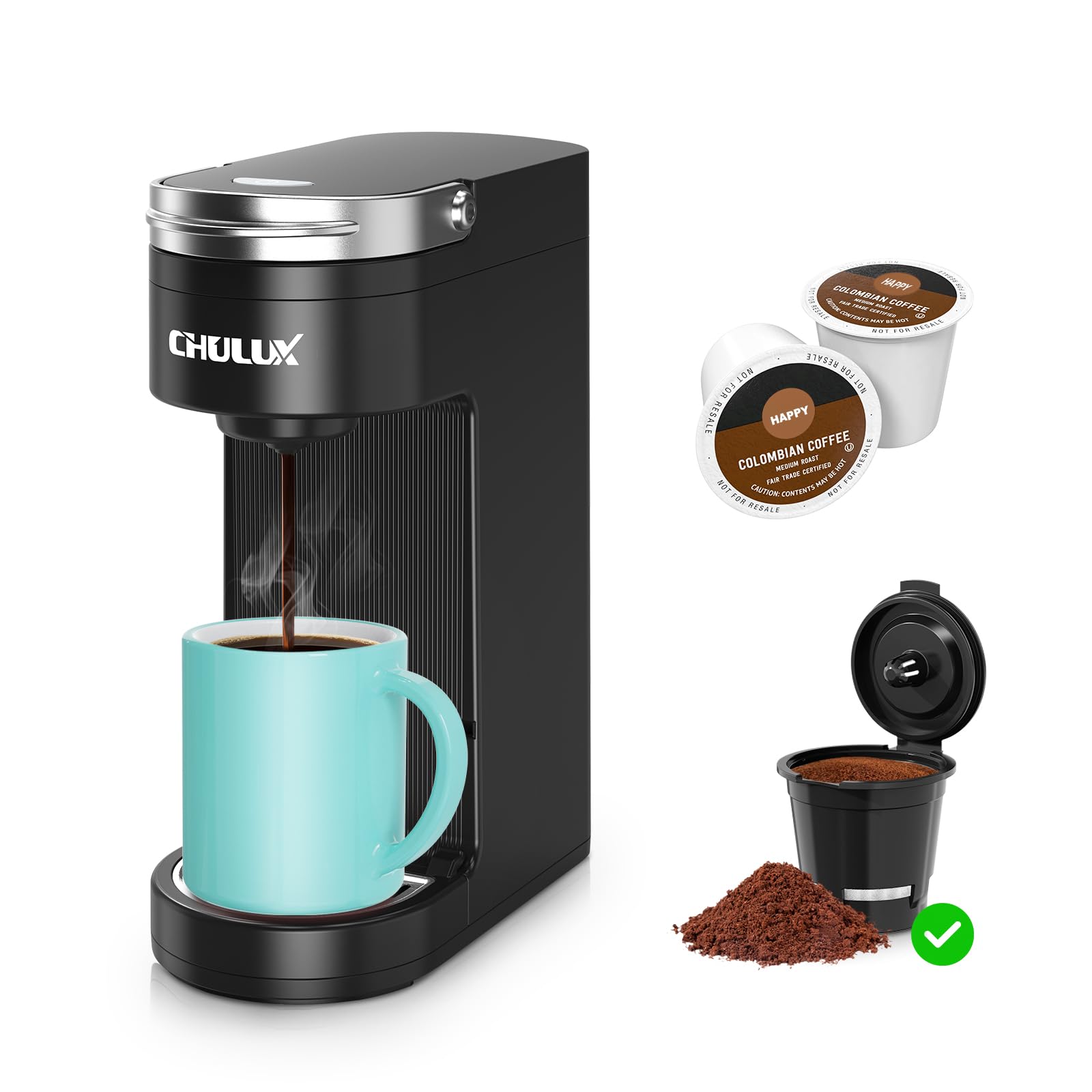 Cafetera Chulux Slim 2 en 1 de Una Sola Porción para K Cup & Ground - Venta Internacional