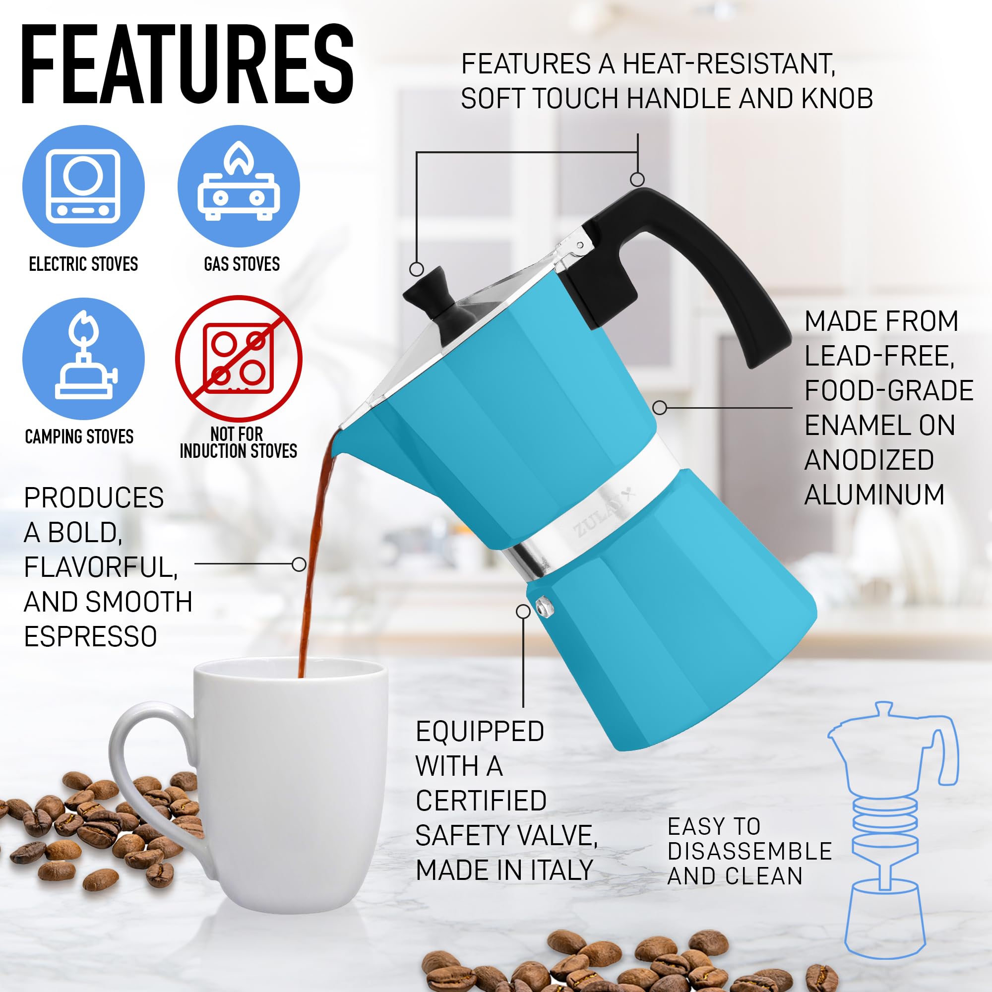 Foto 5 pulgar | Cafetera Moka Pot Zulay Kitchen Zk 6 Tazas Aluminio Azul Claro - Venta Internacional