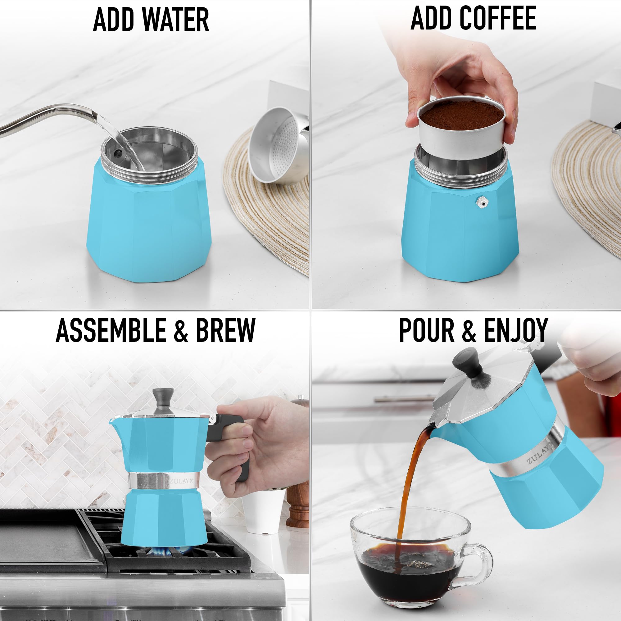 Foto 7 pulgar | Cafetera Moka Pot Zulay Kitchen Zk 6 Tazas Aluminio Azul Claro - Venta Internacional