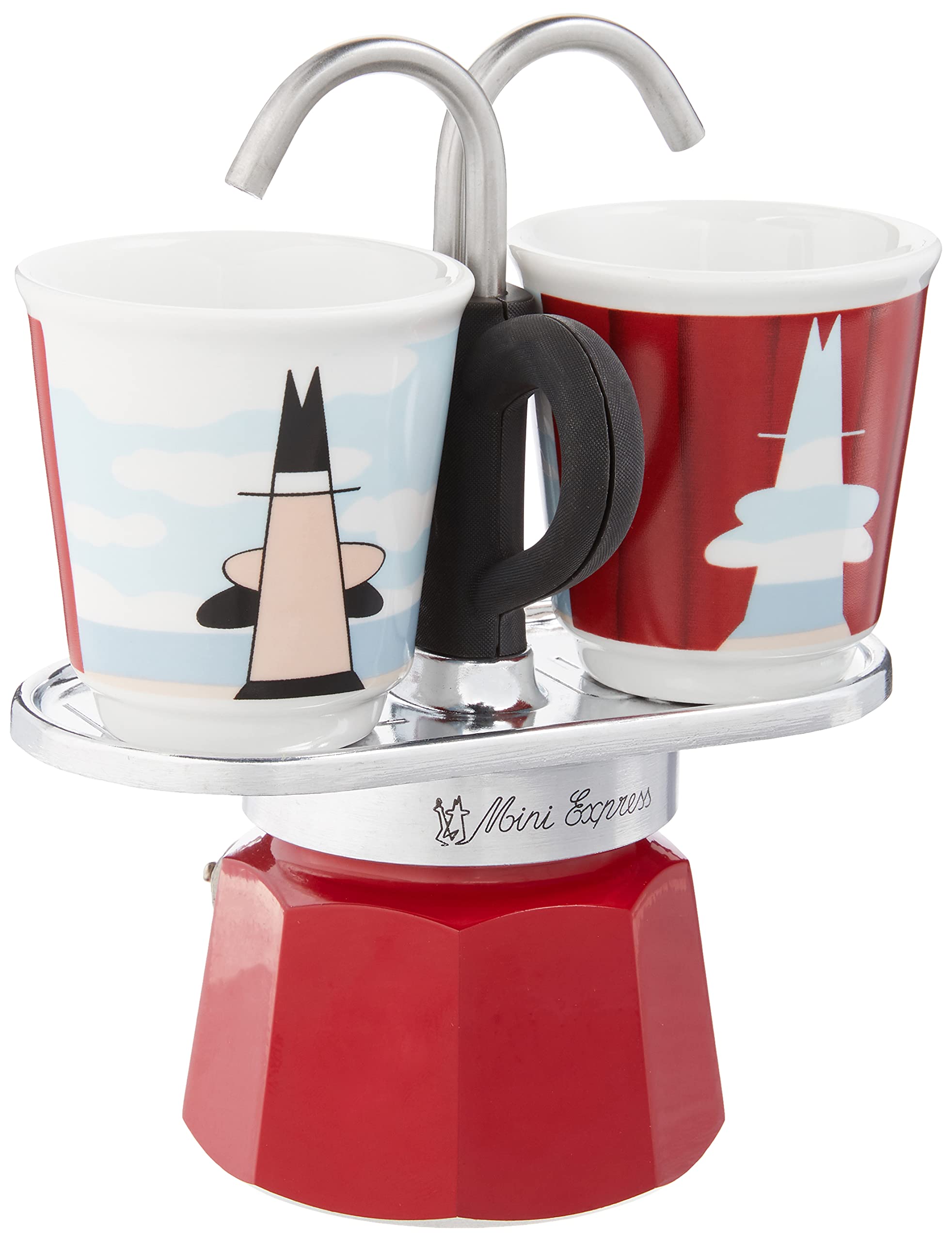 Set Moka Bialetti Mini Express Magritte De 2 Tazas Con 2 Vasos, Color Rojo - Venta Internacional.