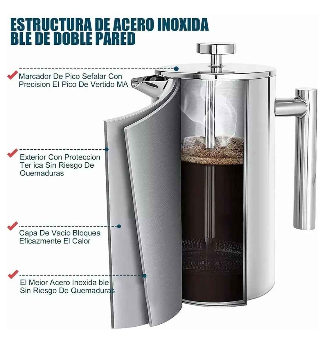 Foto 4 | Cafetera de Prensa Francesa Plateada de Acero Inoxidable 800 ml