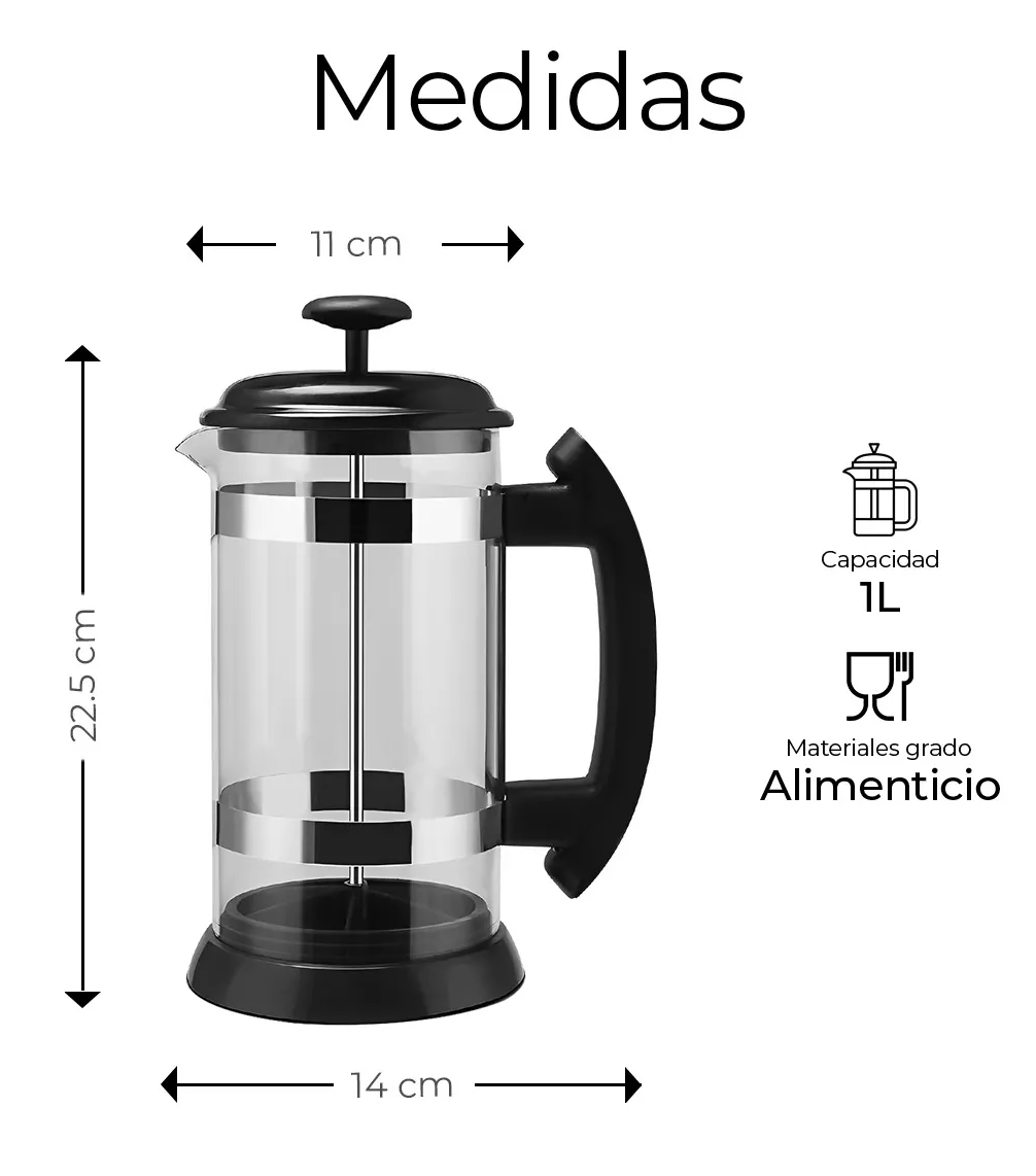 Foto 2 | Cafetera de Prensa Francesa de Acero Inoxidable y Vidrio 1 Lt Negro