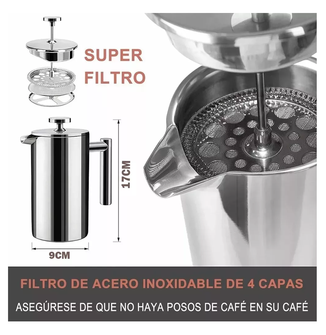 Foto 3 pulgar | Cafetera de Prensa Francesa de Acero Inoxidable 800 ml Plateado