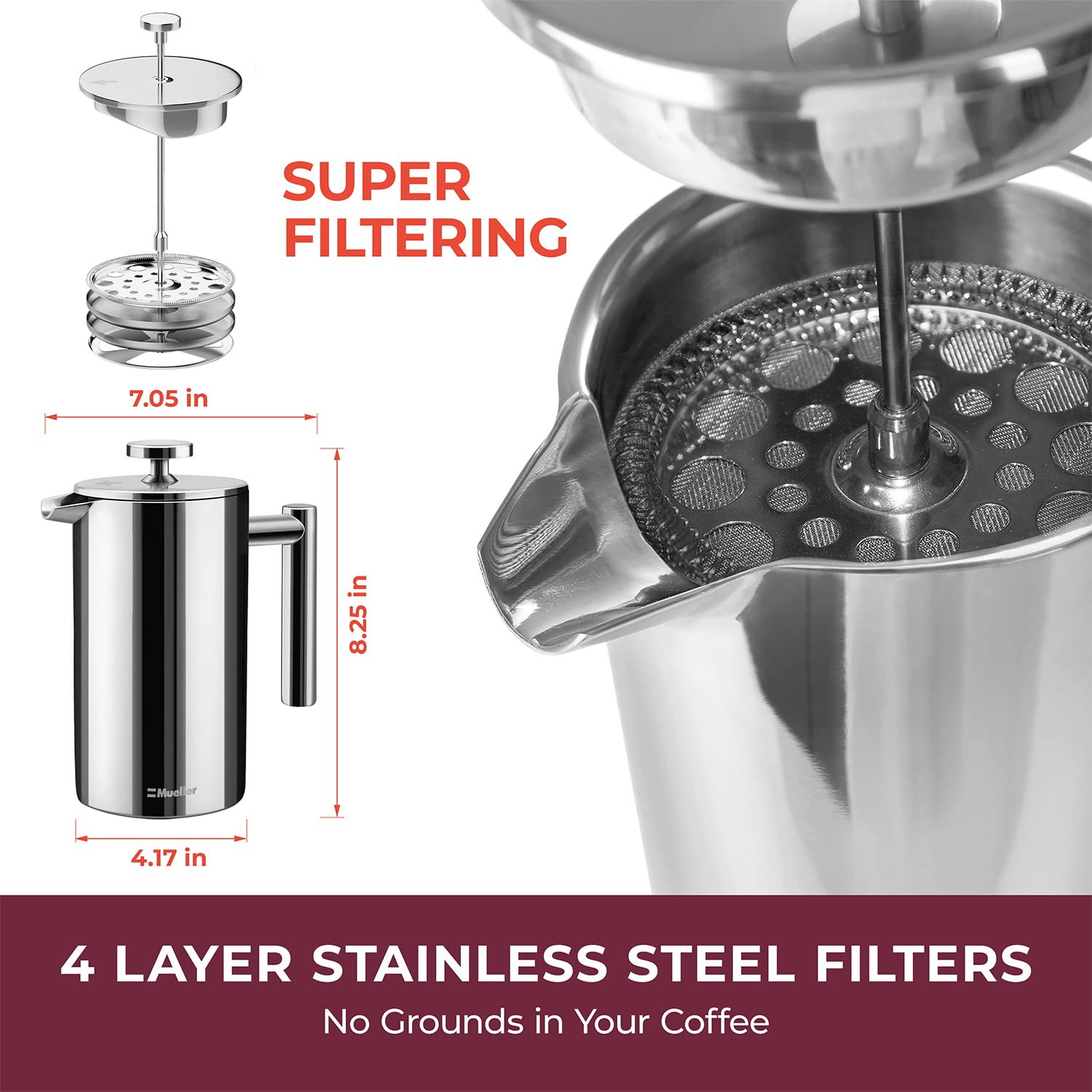 Foto 4 | Cafetera French Press Mueller 1l De Acero Inoxidable - Venta Internacional