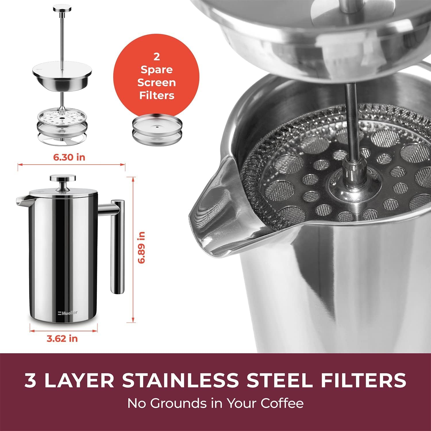 Foto 5 pulgar | Cafetera French Press Muellerliving  600 Ml  Acero Inoxidable - Venta Internacional.