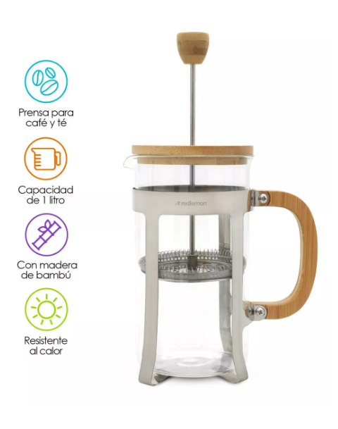 Foto 2 | Redlemon Cafetera Prensa Francesa 1 Litro De Vidrio Resistente A Altas Temperaturas, Con Tapa Y Mango De Bambú,