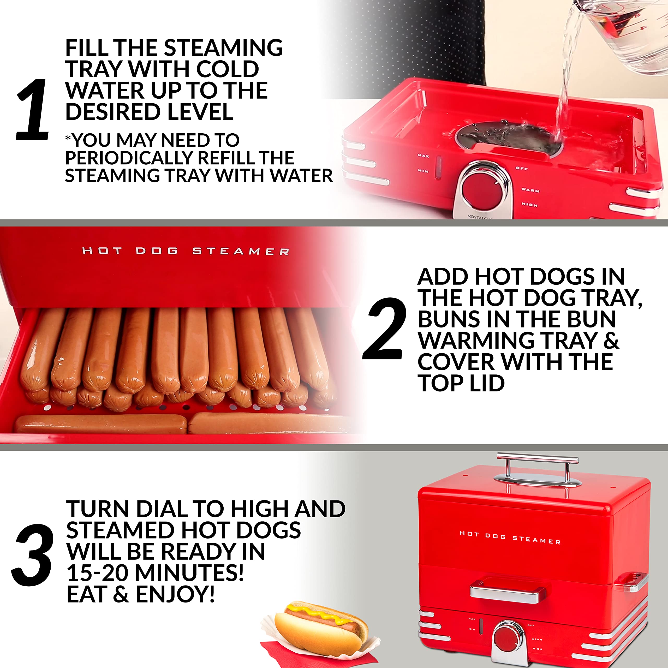 Foto 6 pulgar | Hot Dog Steamer Nostalgia, Extra Grande, Retro, 20 Bollos Para Salchichas - Venta Internacional.