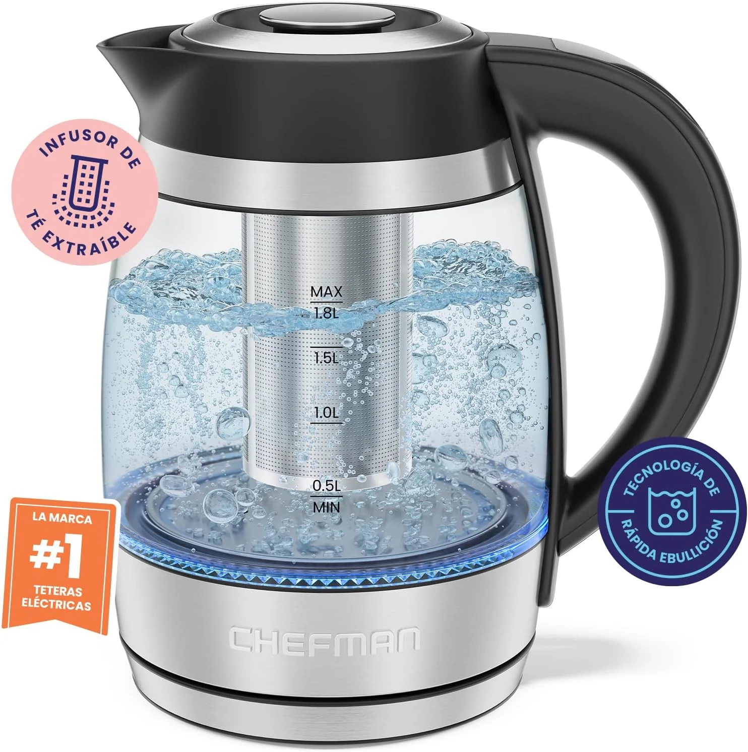 Foto 2 pulgar | Chefman - Tetera Eléctrica De Vidrio Con Infusor De Té - 1,8 L