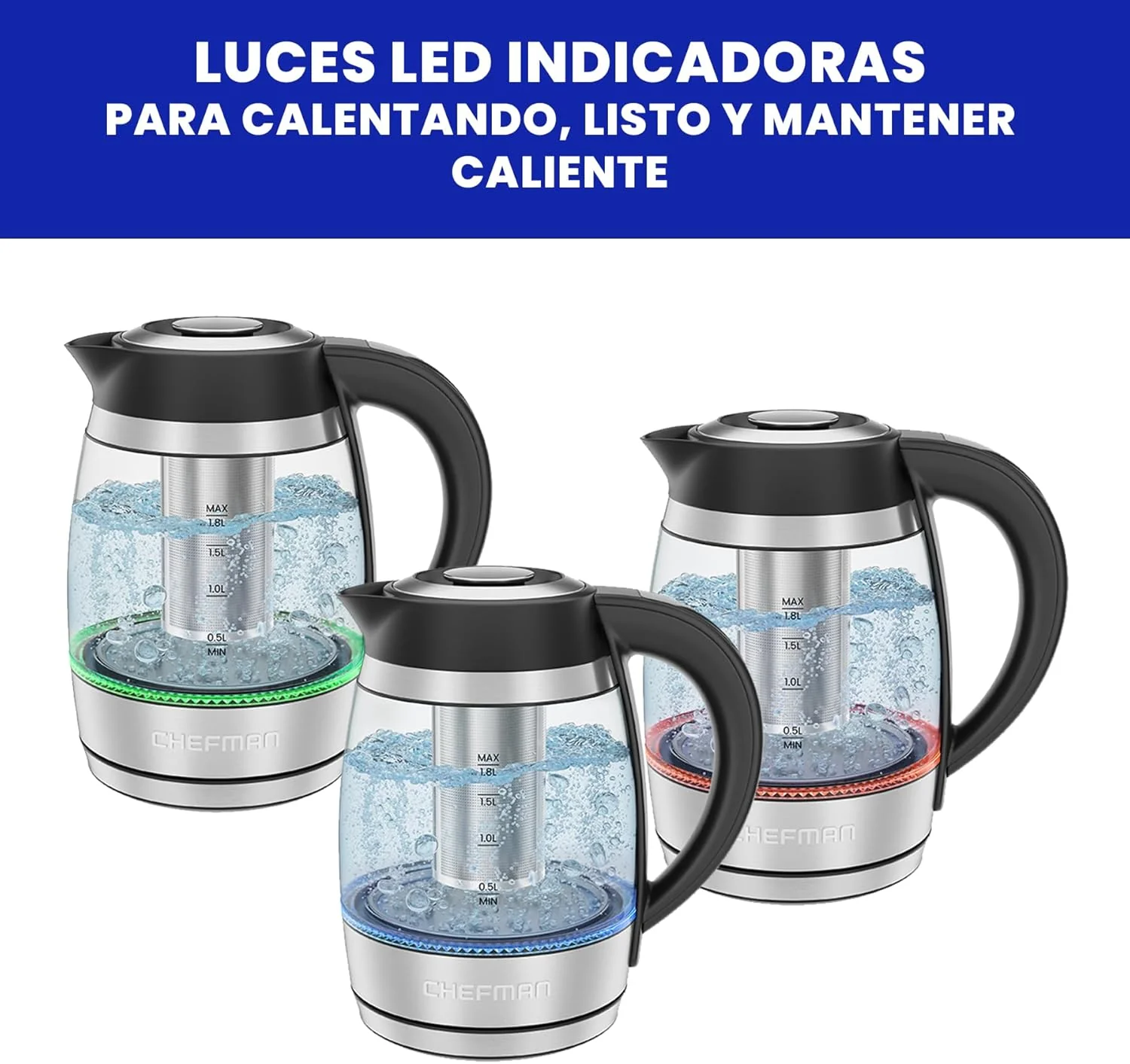 Foto 4 pulgar | Chefman - Tetera Eléctrica De Vidrio Con Infusor De Té - 1,8 L