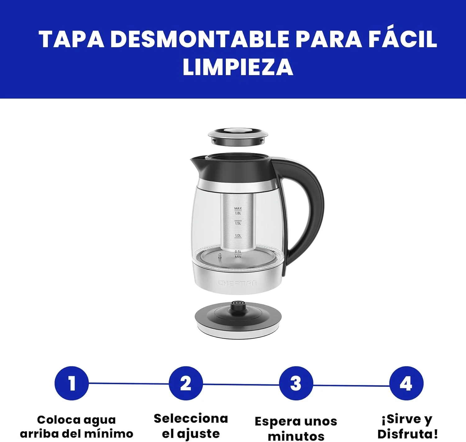 Foto 6 pulgar | Chefman - Tetera Eléctrica De Vidrio Con Infusor De Té - 1,8 L