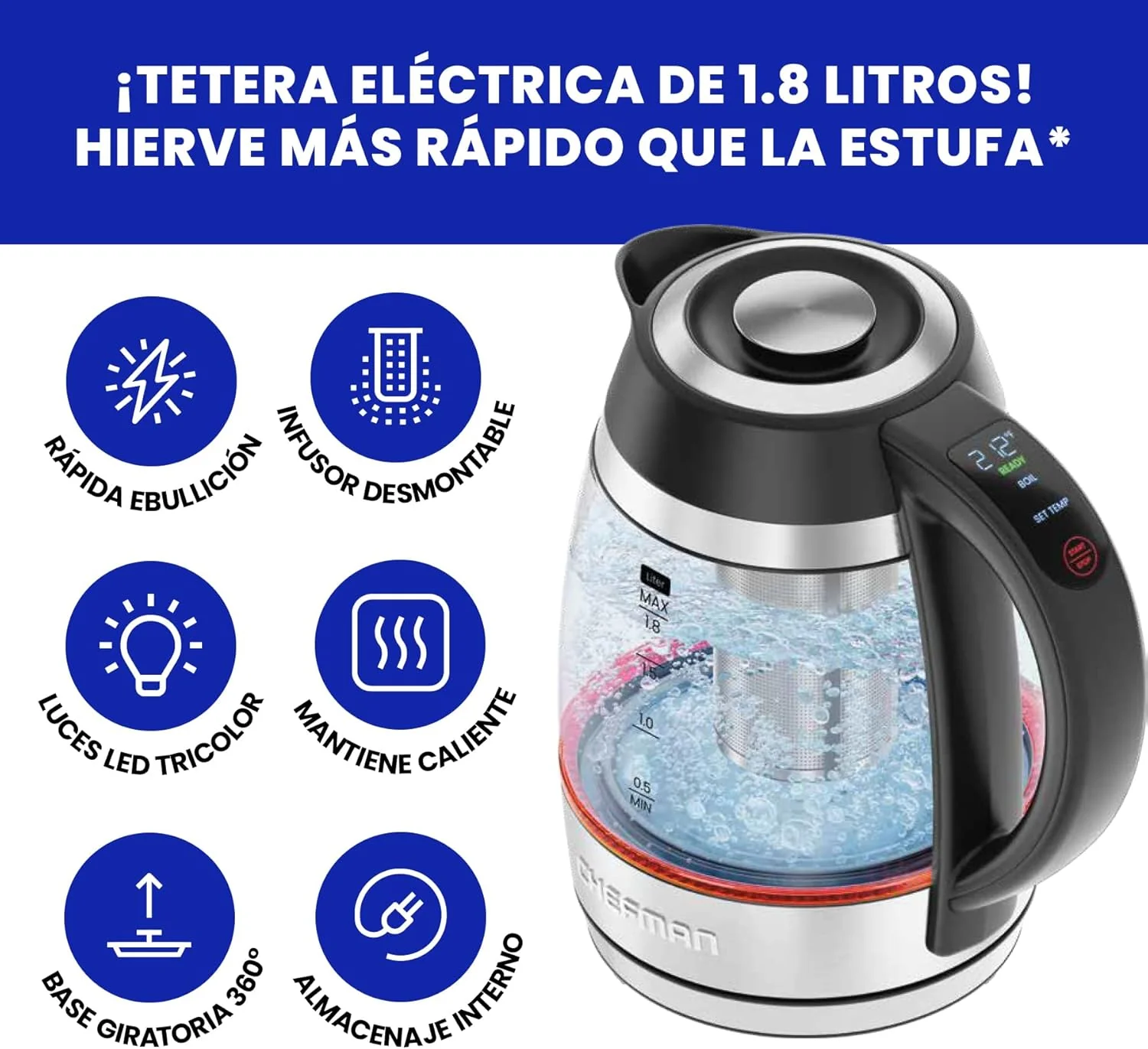 Foto 7 pulgar | Chefman - Tetera Eléctrica De Vidrio Con Infusor De Té - 1,8 L