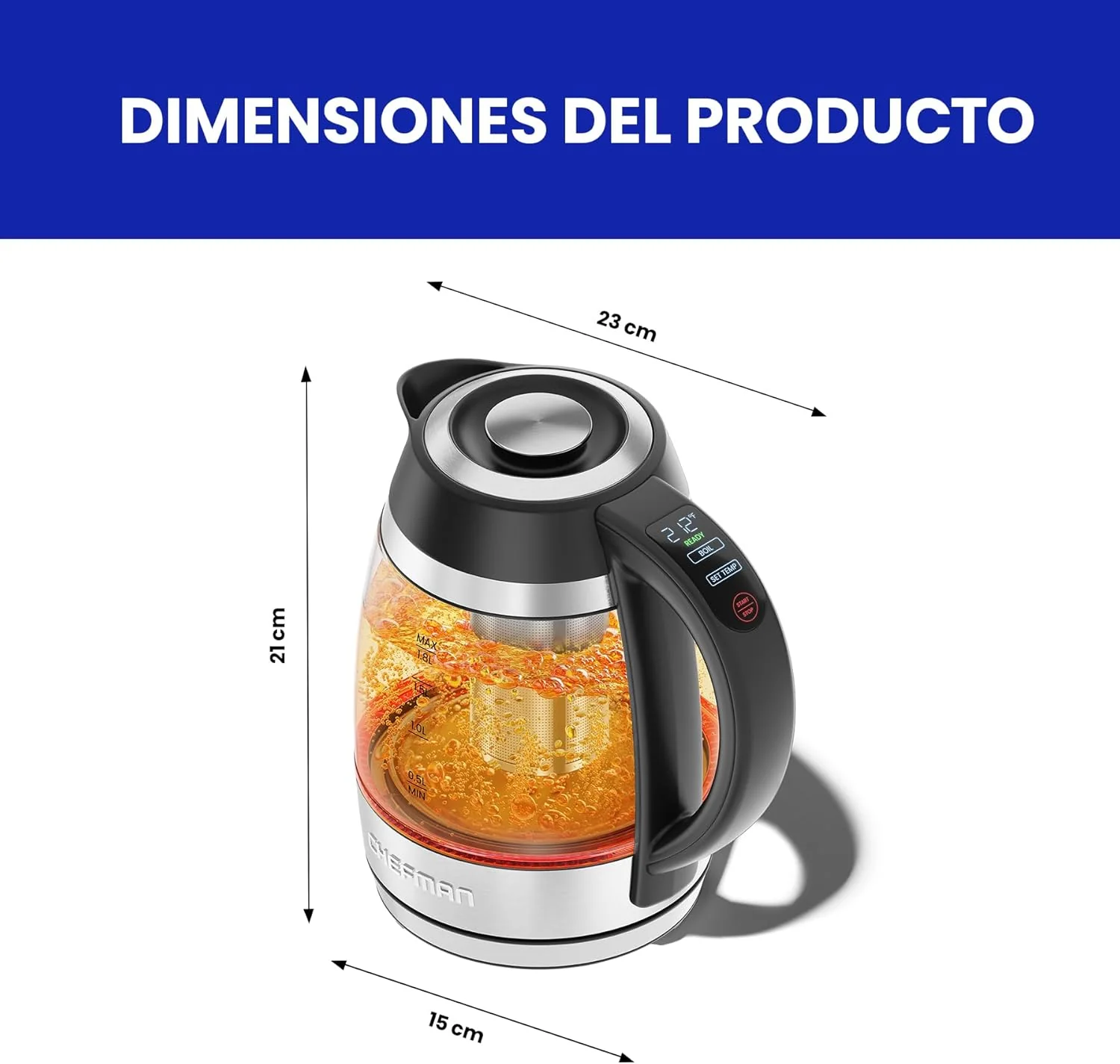 Foto 8 pulgar | Chefman - Tetera Eléctrica De Vidrio Con Infusor De Té - 1,8 L