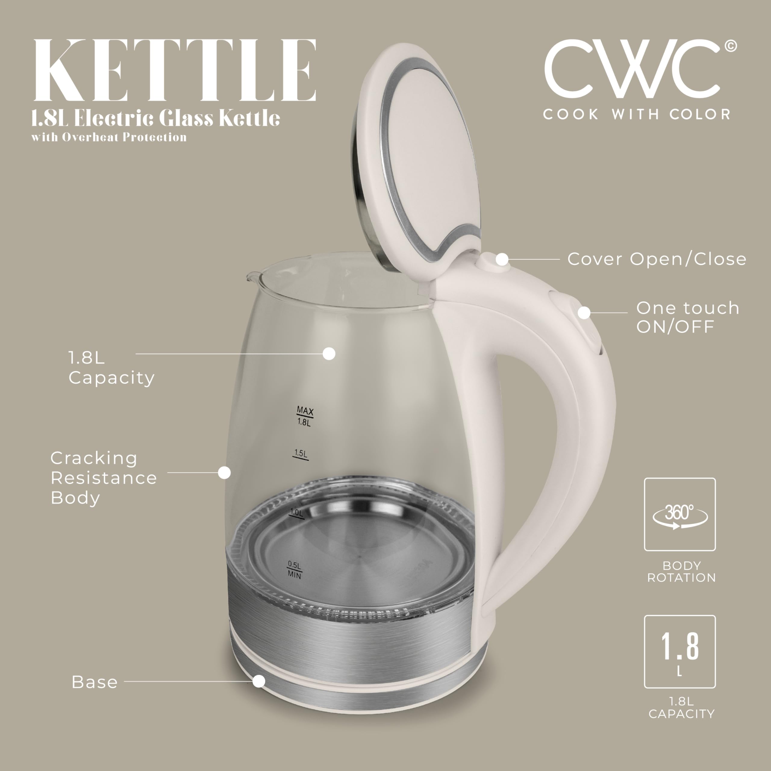 Foto 4 pulgar | Hervidor Eléctrico Cook With Color Glass, Crema De Ebullición Rápida De 1.8 L - Venta Internacional.