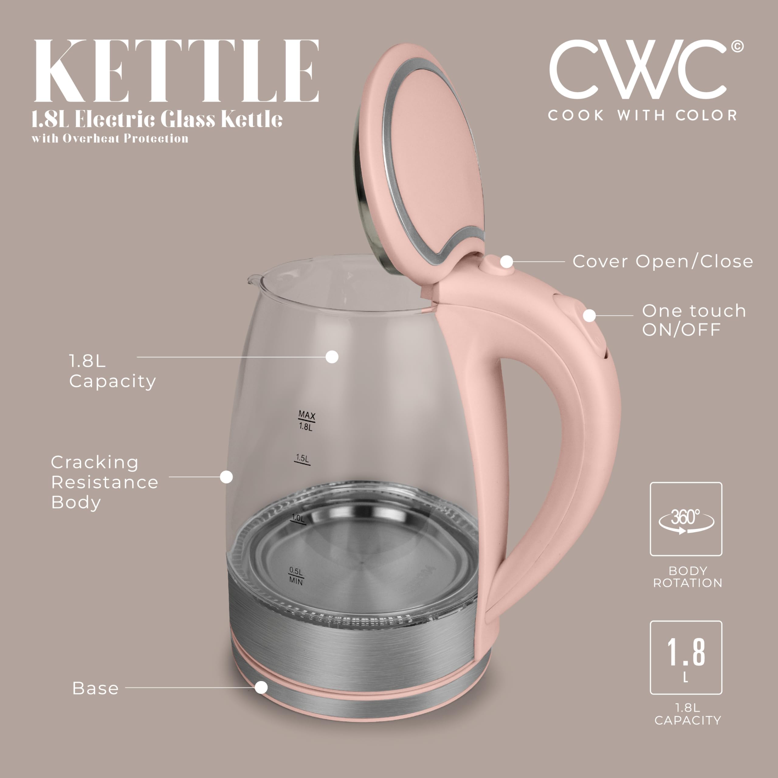 Foto 3 pulgar | Colorete Eléctrico Cook With Color Glass, 1.8 L, Rapid Boil - Venta Internacional.