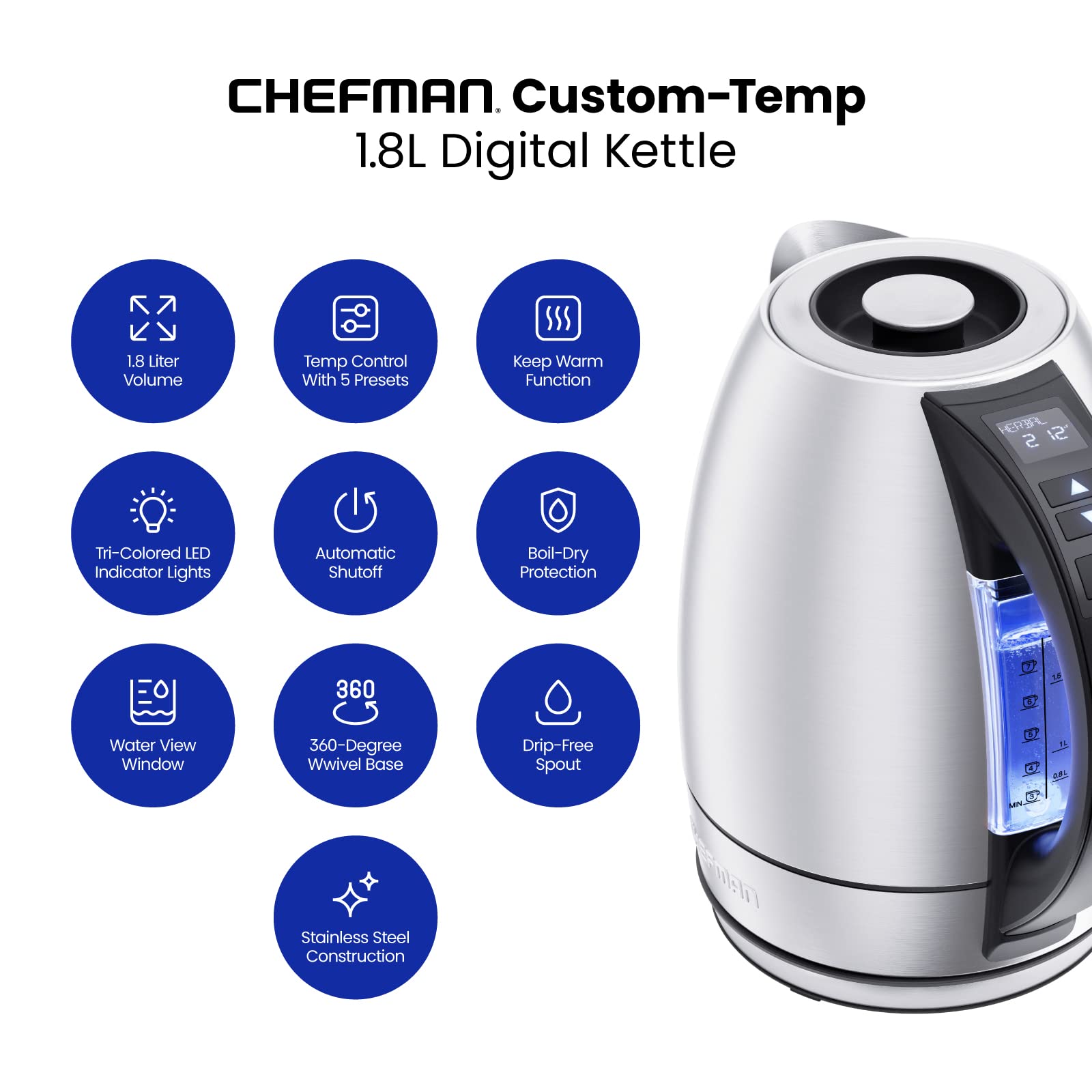 Foto 3 pulgar | Tetera Eléctrica Chefman 1.8L con Control de Temperatura y Luces LED Tricolores - Venta Internacional