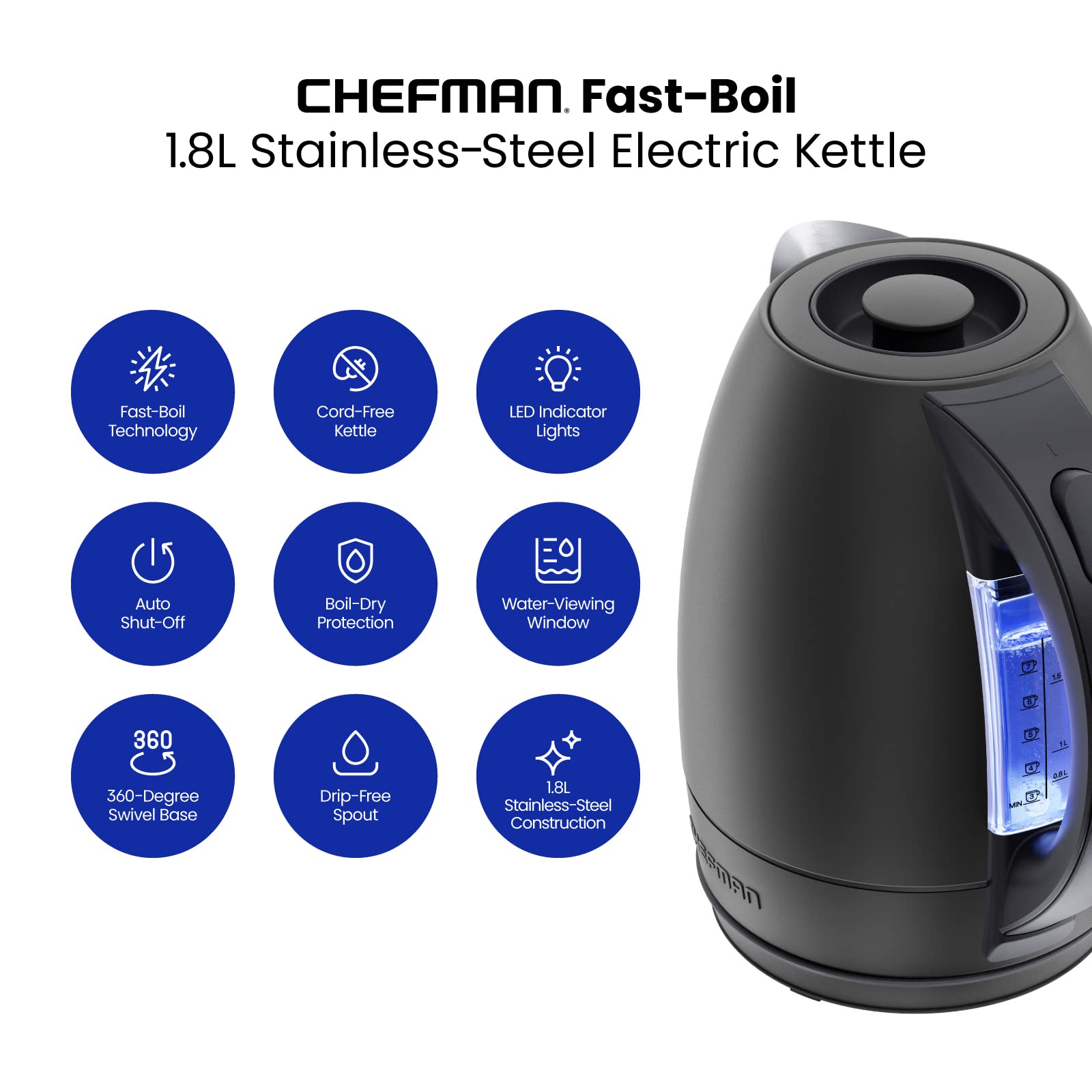 Foto 2 | Hervidor Eléctrico Chefman 1.8l de Acero Inoxidable con Led Negro - Venta Internacional