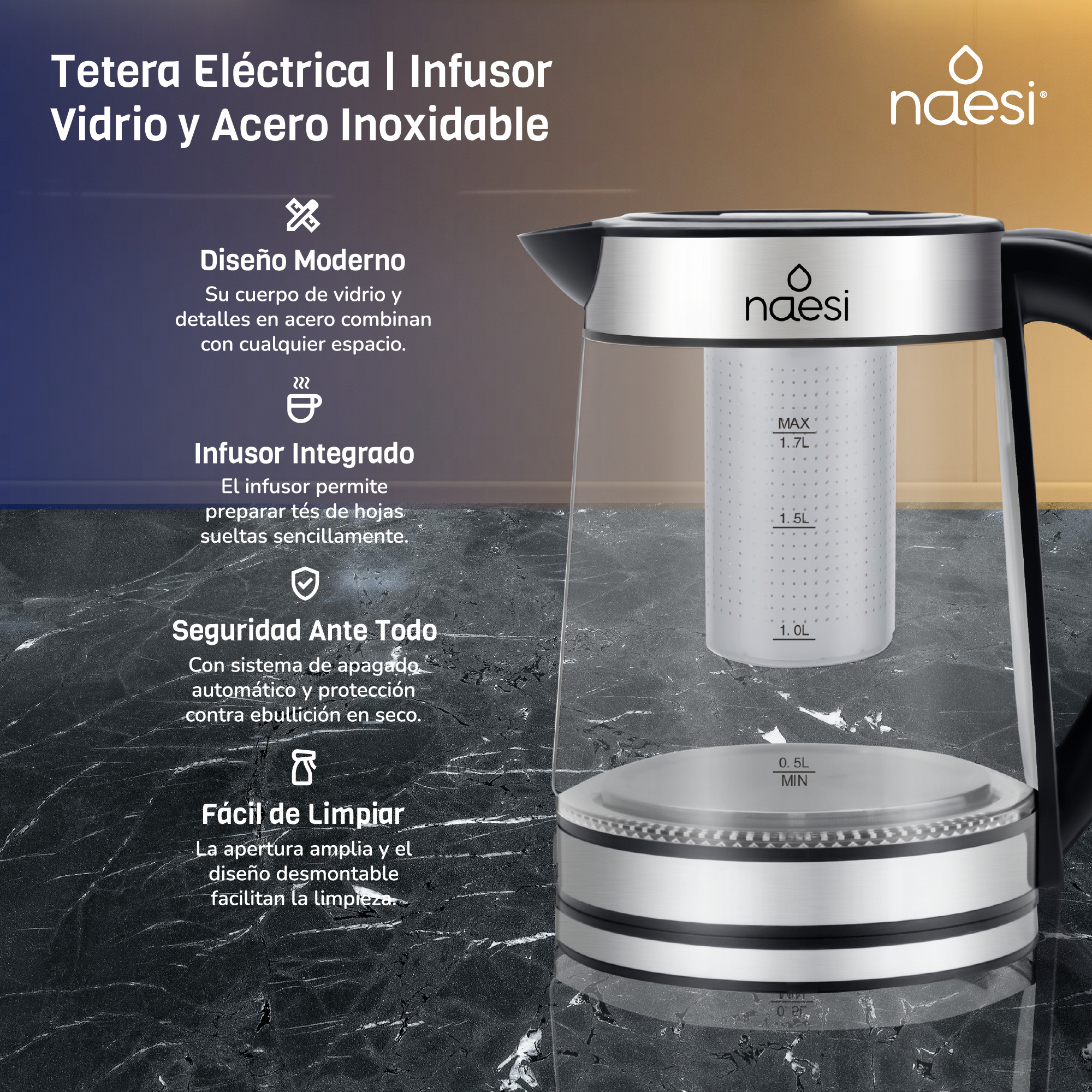 Foto 3 pulgar | Tetera Con Infusor 1.7 L Vidrio Naesi An302 Negro