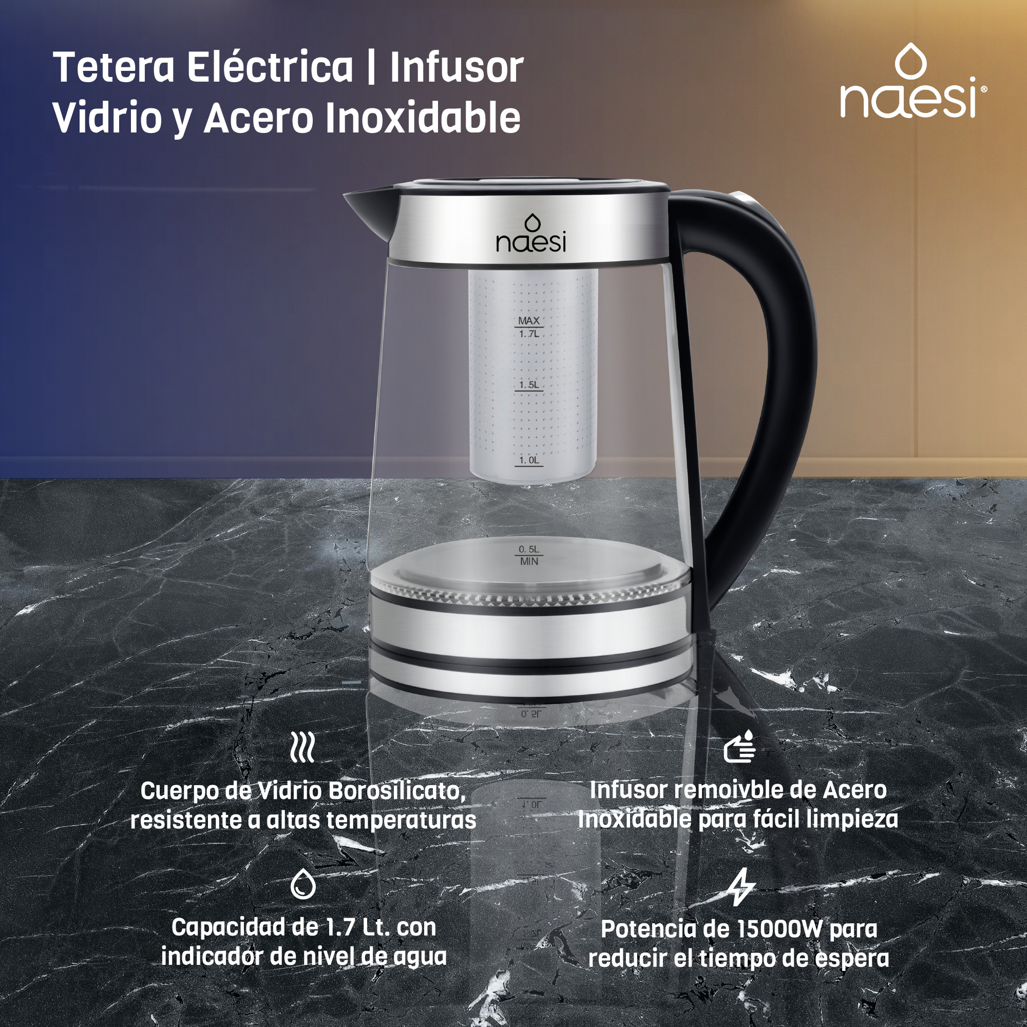 Foto 6 pulgar | Tetera Con Infusor 1.7 L Vidrio Naesi An302 Negro