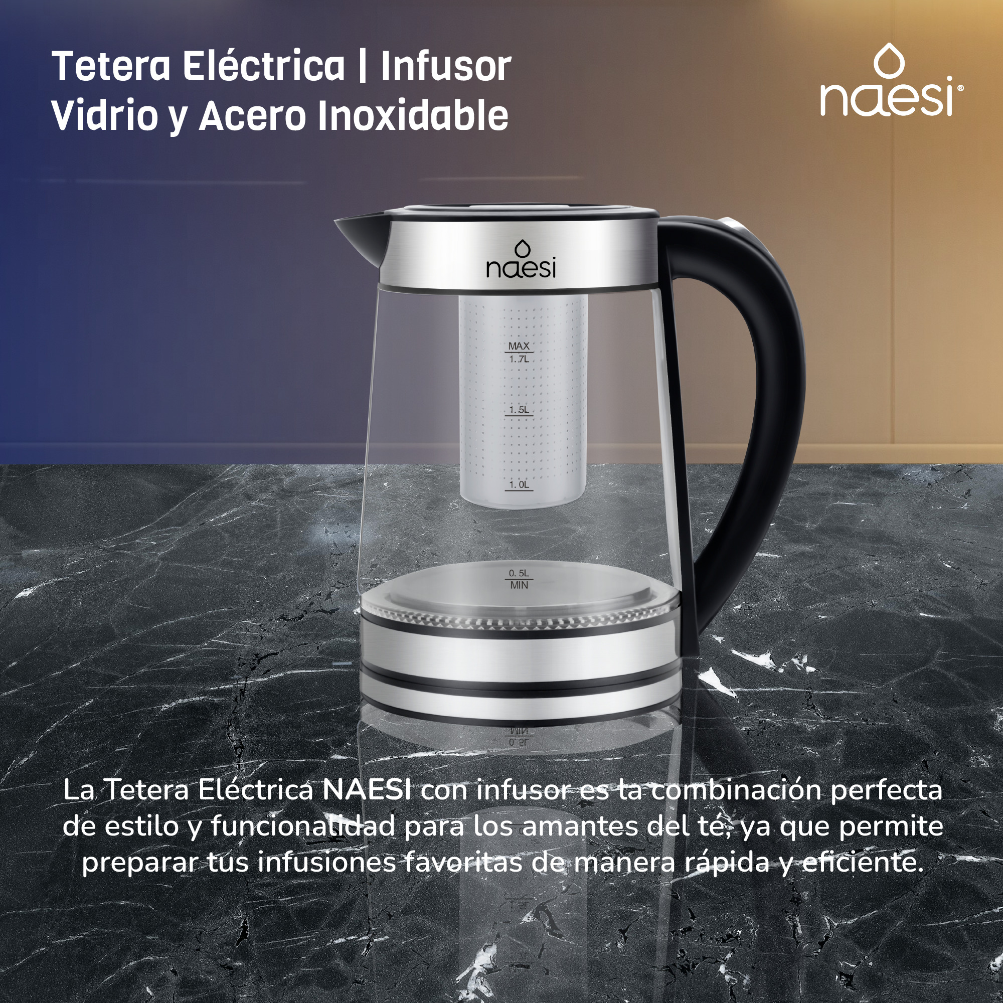 Foto 7 pulgar | Tetera Con Infusor 1.7 L Vidrio Naesi An302 Negro