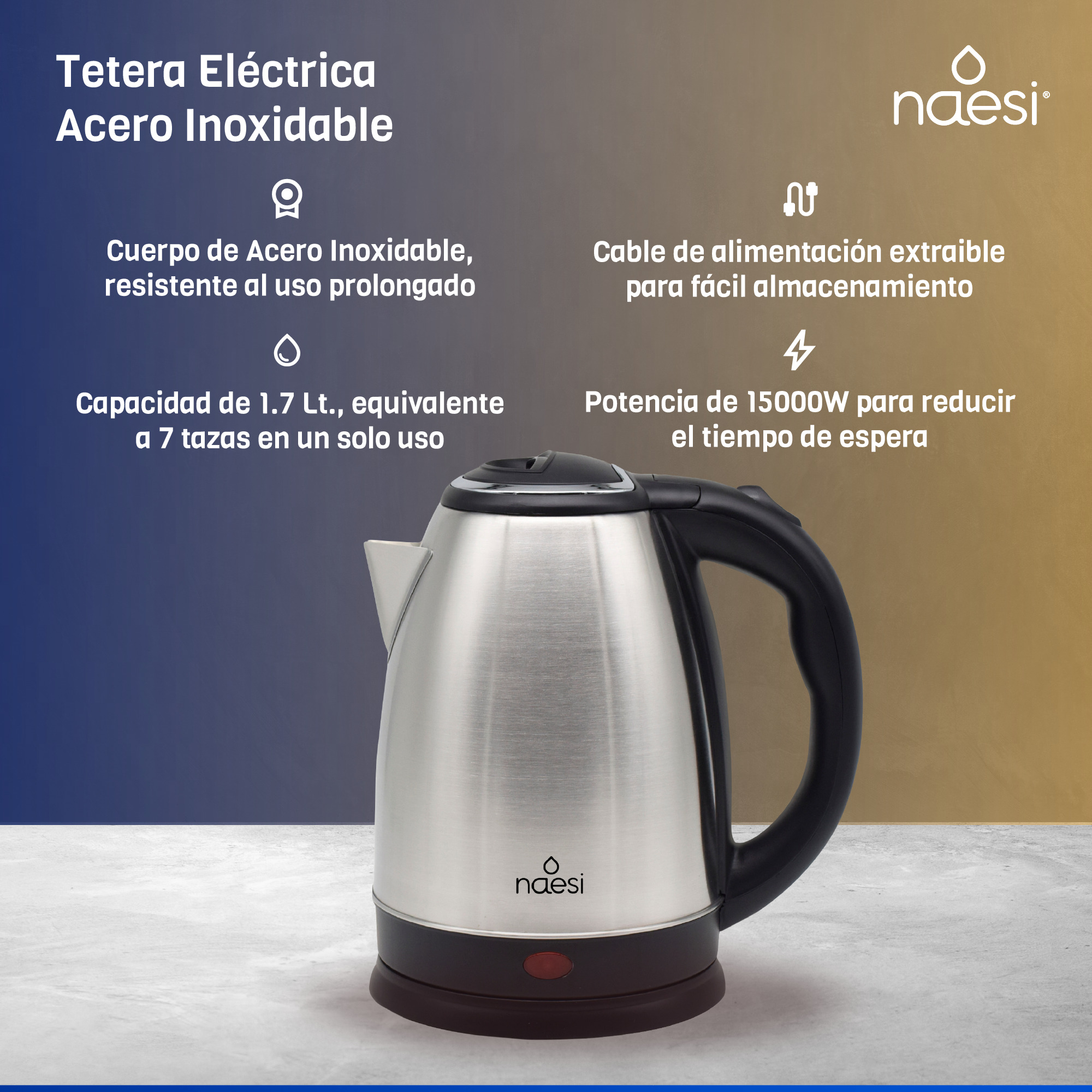 Foto 3 pulgar | Tetera Eléctrica Naesi  1.8l de Acero Inoxidable