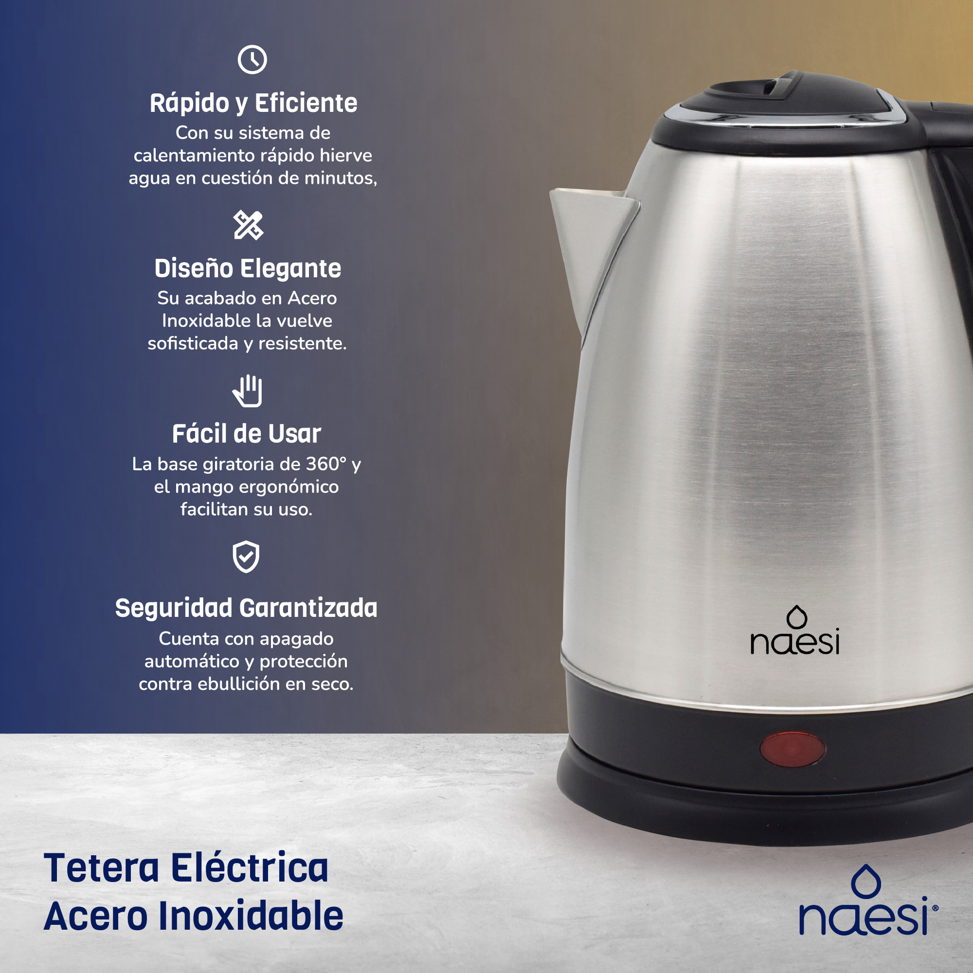 Foto 4 pulgar | Tetera Eléctrica Naesi  1.8l de Acero Inoxidable