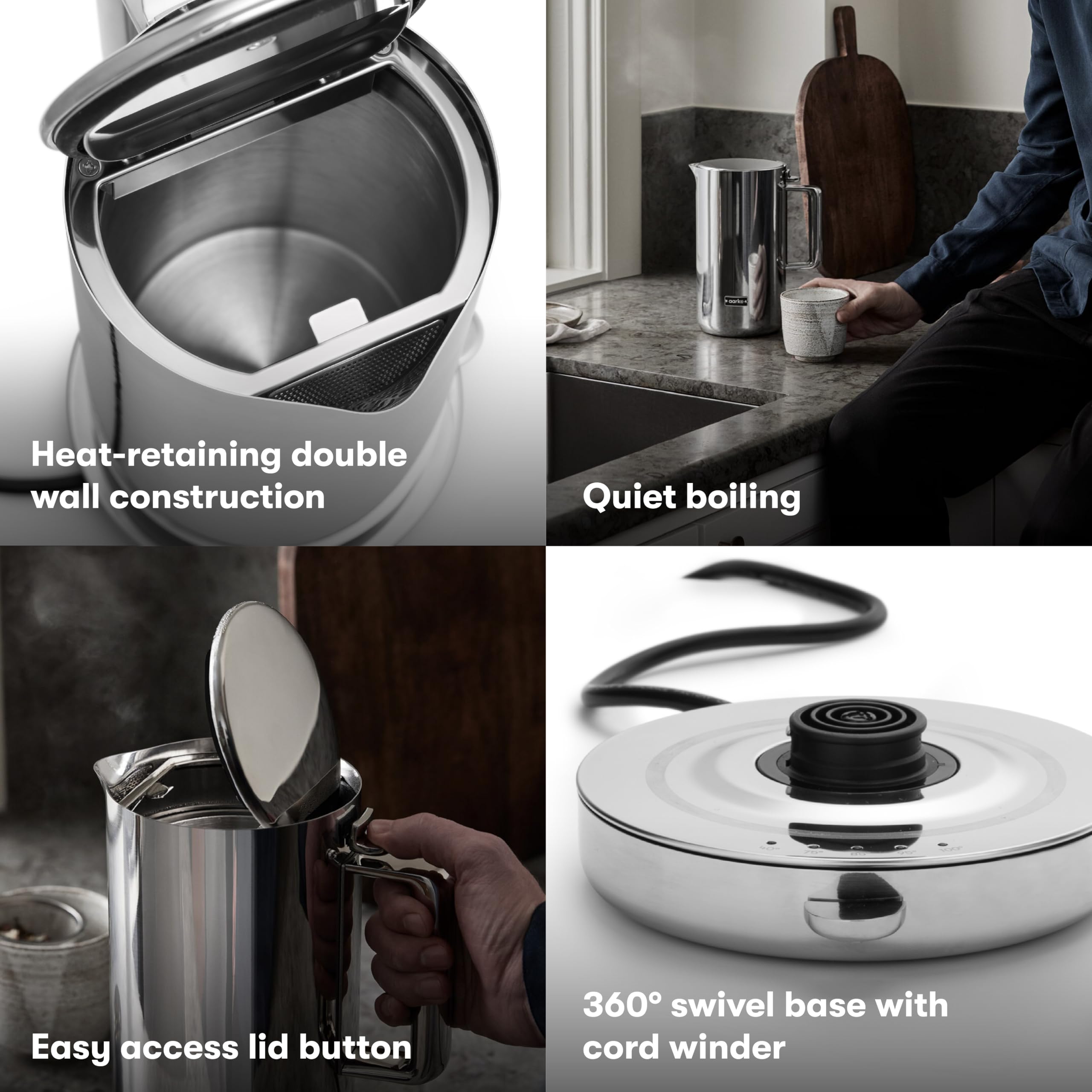 Foto 3 | Aarke Kettle | Stainless Steel Hot Water Kettle | 360° Swivel Base | 1.2l / 5 Cups - Steel - Venta Internacional.