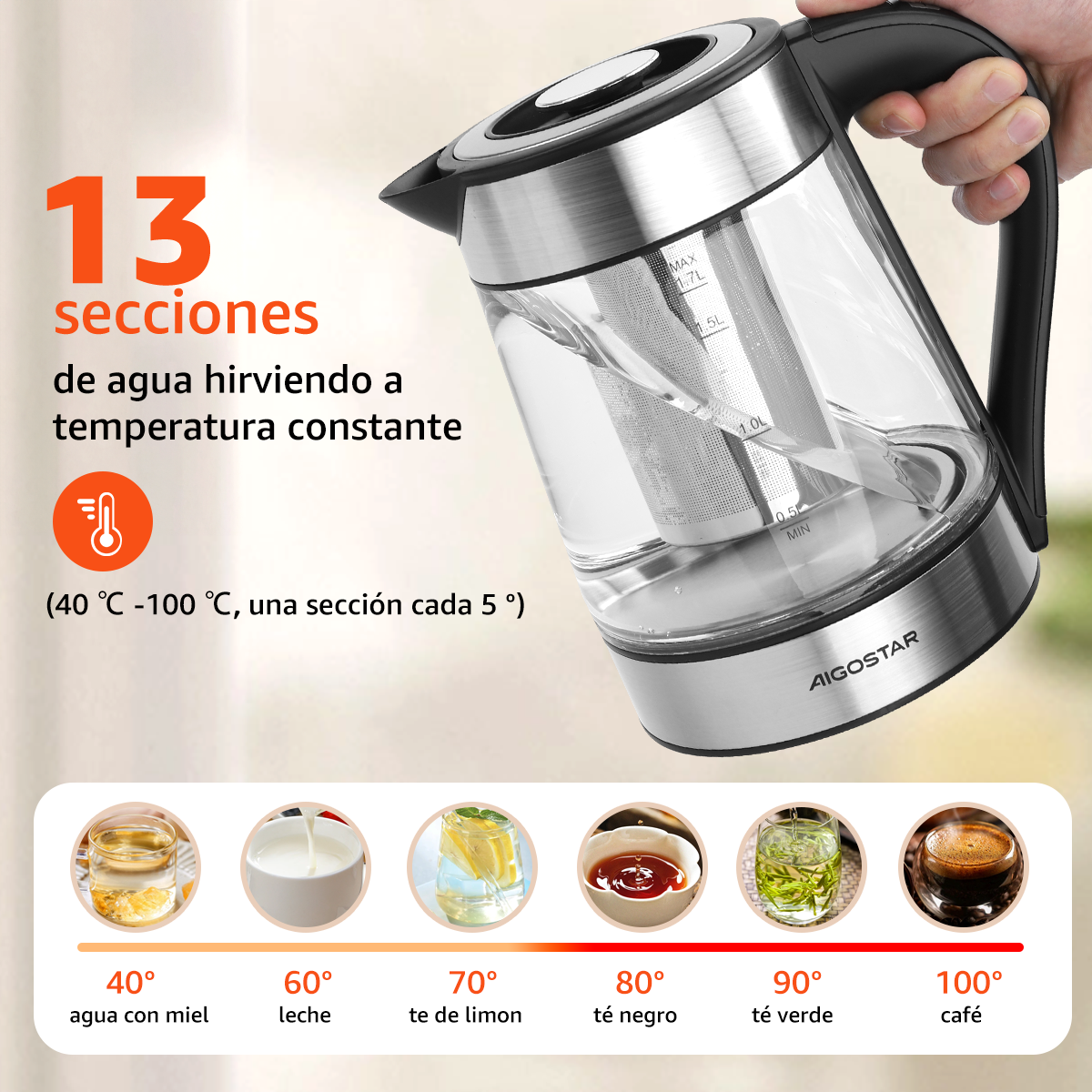 Foto 2 | Tetera Eléctrica De Vidrio Con Infusor 1.7l 1200w Aigostar