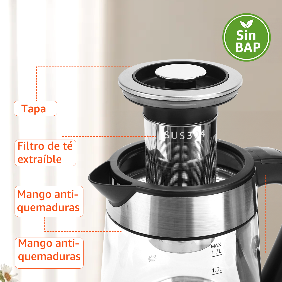 Foto 5 | Tetera Eléctrica De Vidrio Con Infusor 1.7l 1200w Aigostar