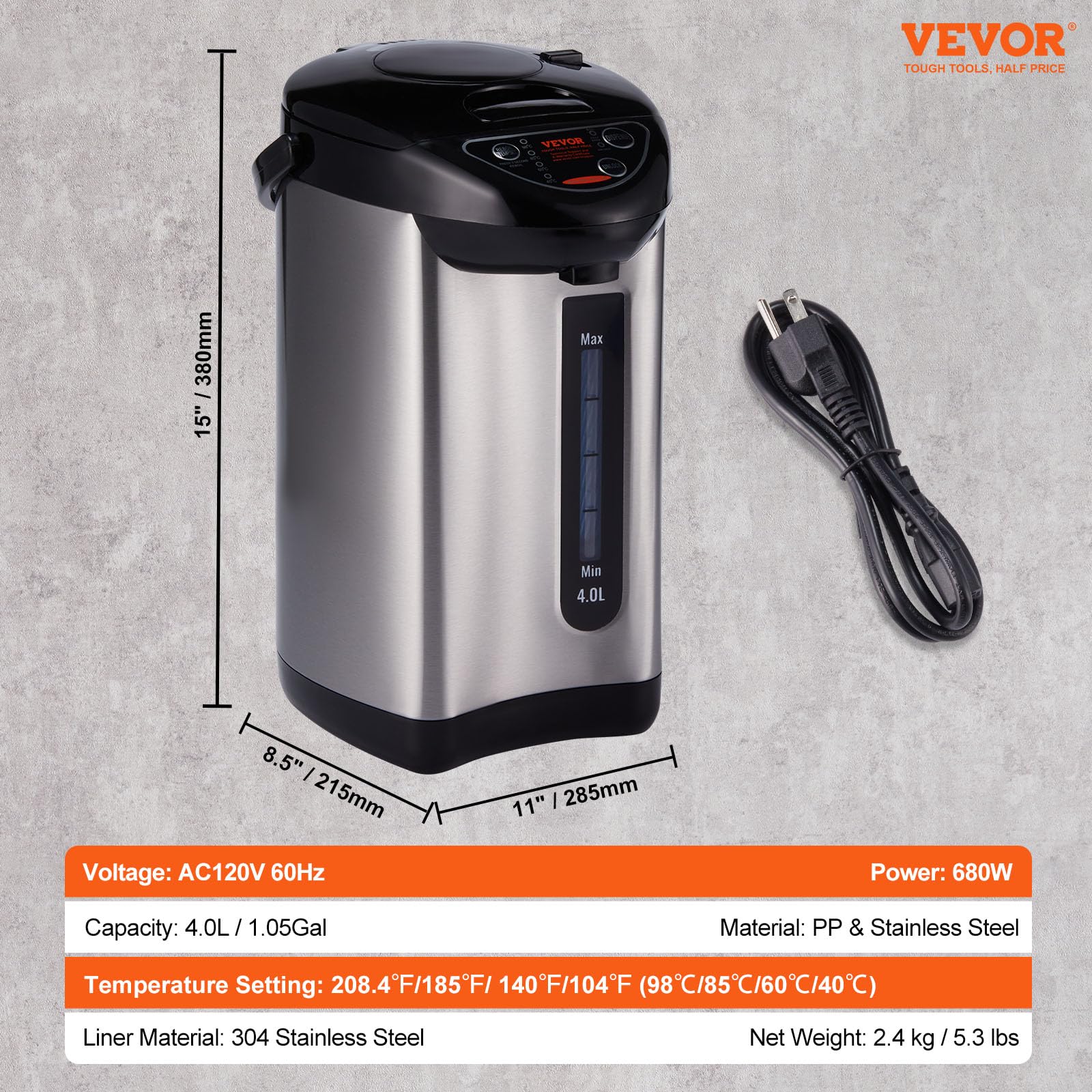 Foto 8 pulgar | Dispensador De Agua Caliente Vevor 4l 304 De Acero Inoxidable 4 Temperaturas - Venta Internacional.