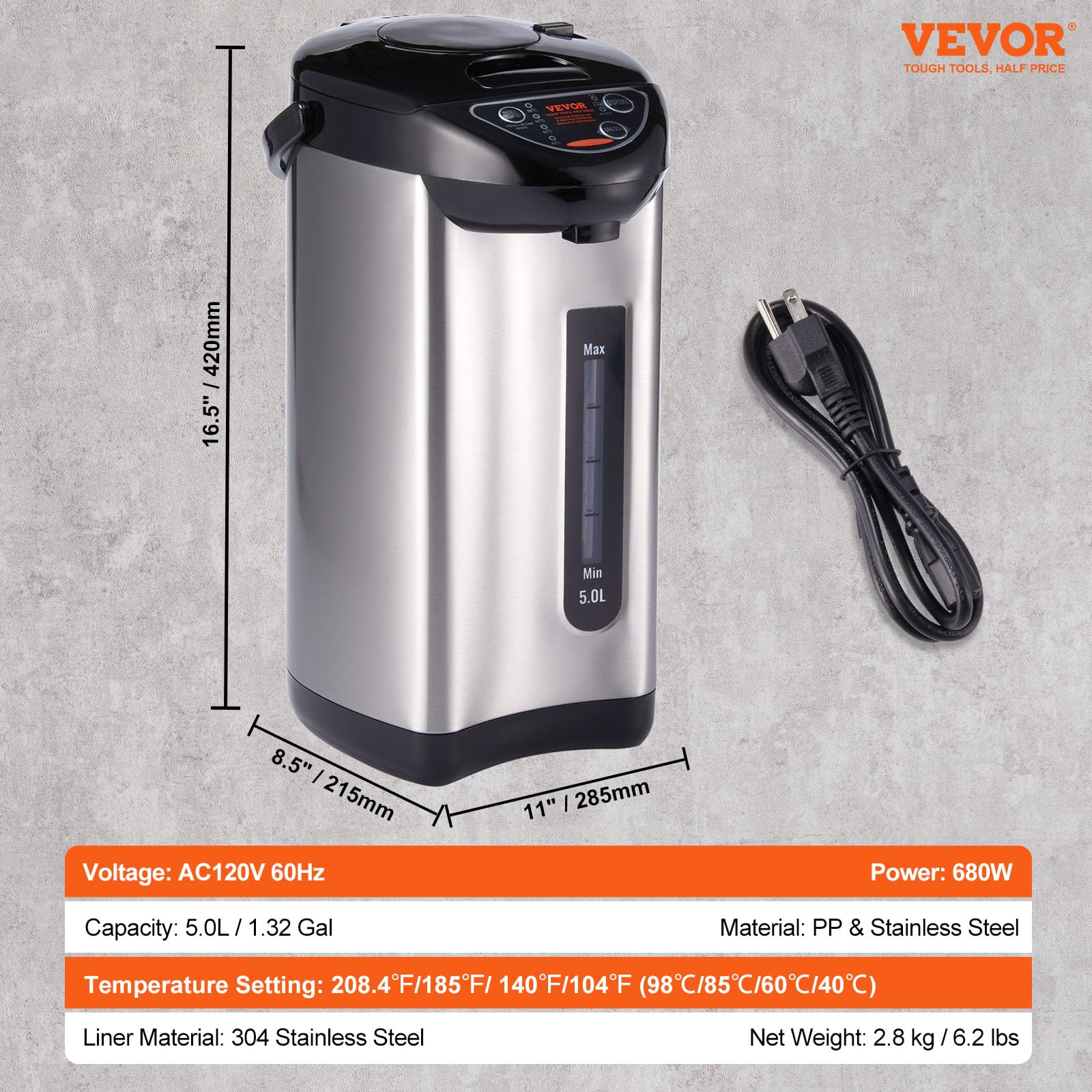 Foto 8 pulgar | Dispensador De Agua Caliente Vevor 5 L/5000 Ml, 4 Temperaturas, Acero 304 - Venta Internacional.