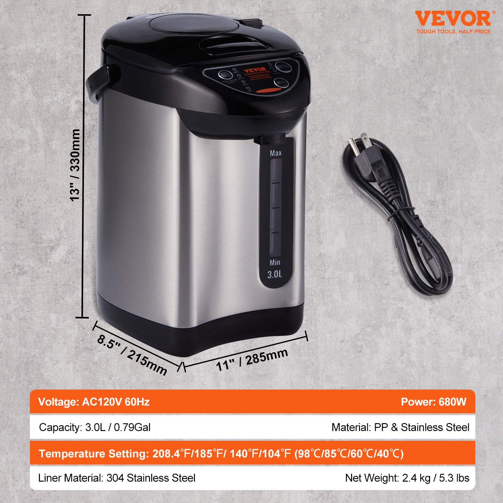 Foto 8 pulgar | Dispensador De Agua Caliente Vevor 3l 304 De Acero Inoxidable 4 Temperaturas - Venta Internacional.